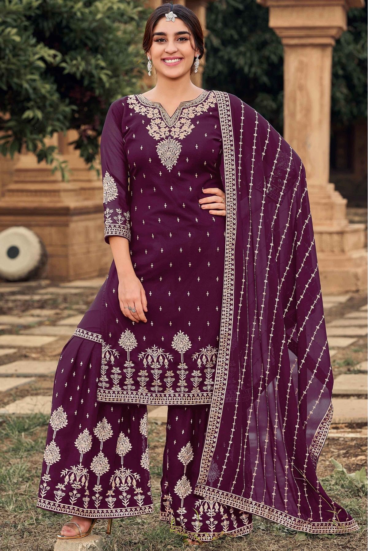 Faux Georgette Embroidery Palazzo Pant Suit In Purple Colour