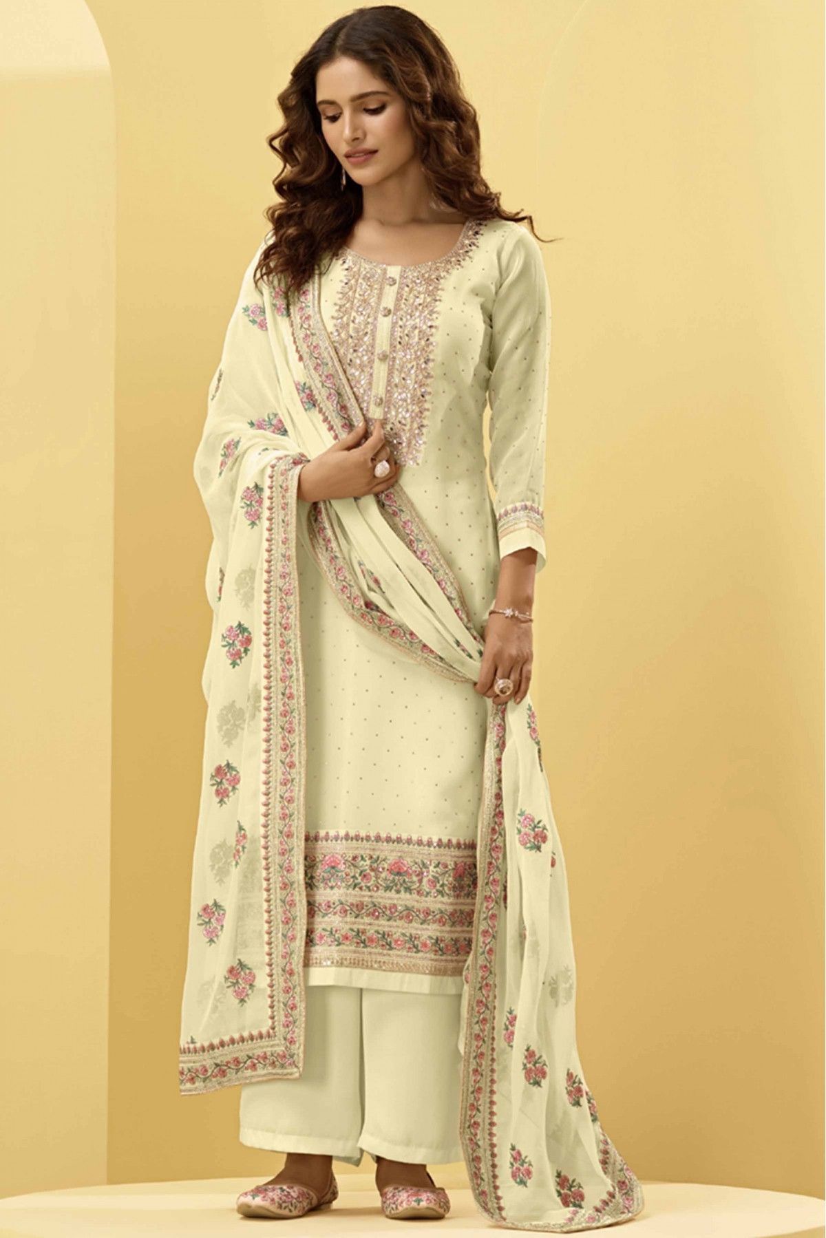 Georgette Embroidery Pant Style Suit In Off White Colour - SM5540036