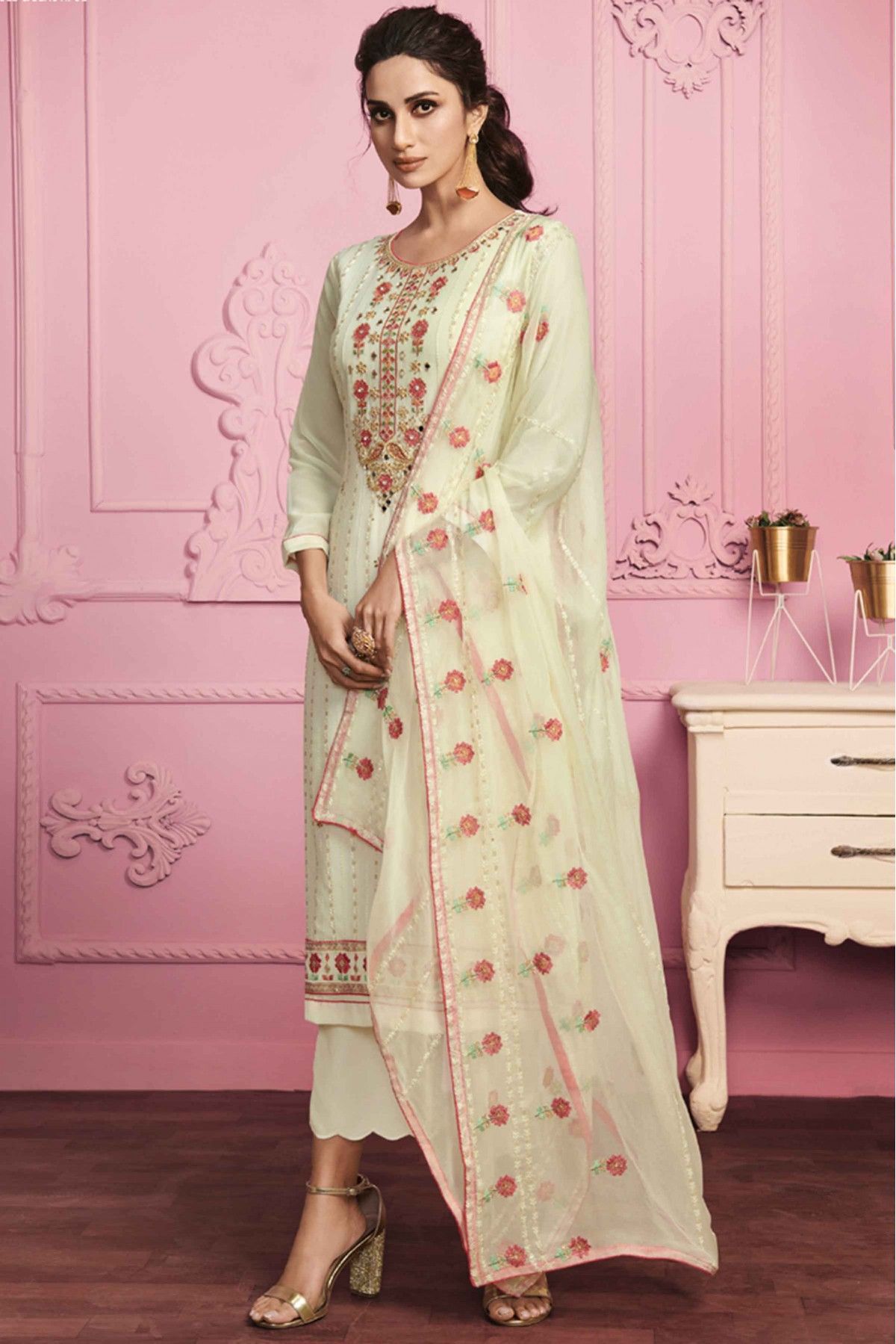 Georgette Embroidery Pant Style Suit In Off White Colour - SM5540036