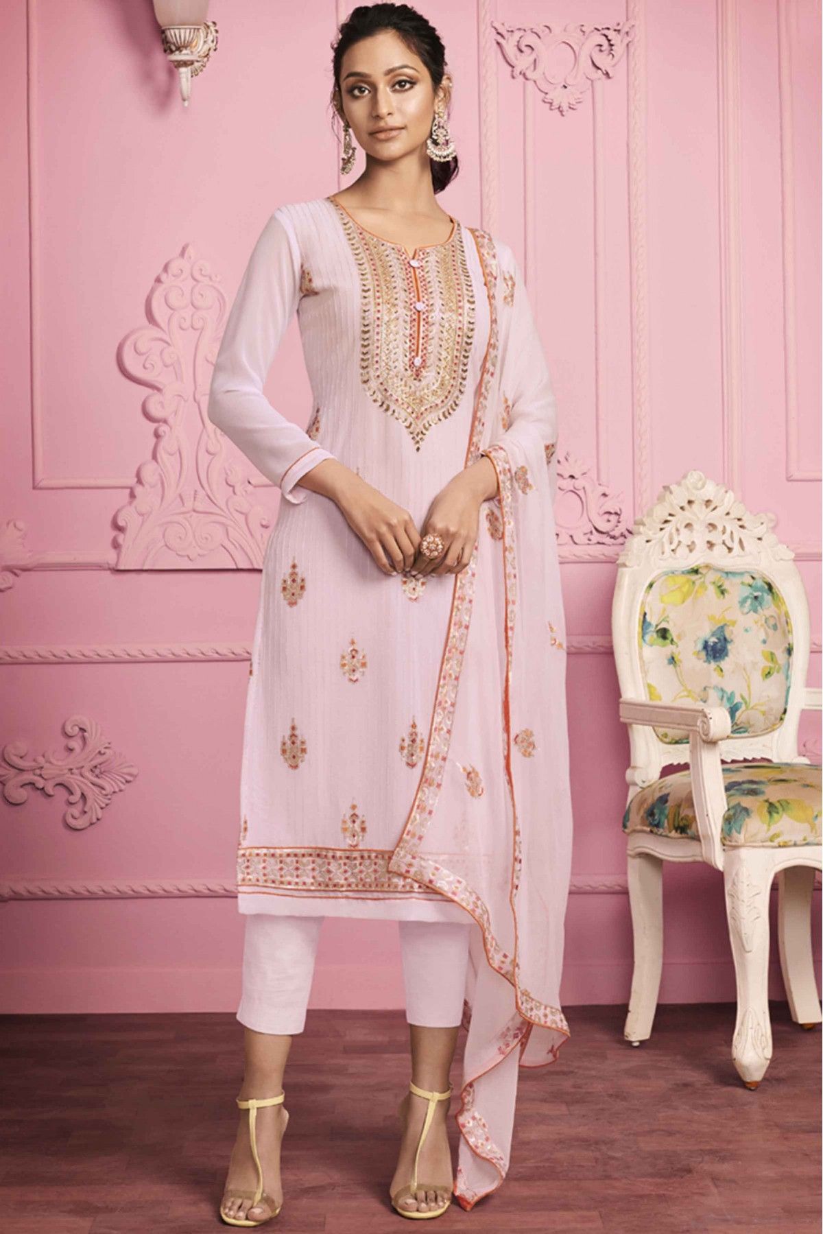 Georgette Embroidery Pant Style Suit In Pink Colour - SM5540037