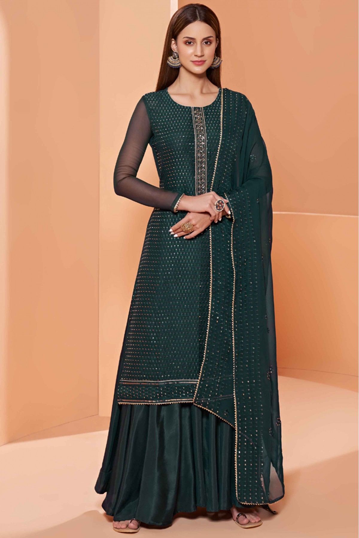 Georgette Embroidery Sharara Suit In Dark Green Colour SM5540062