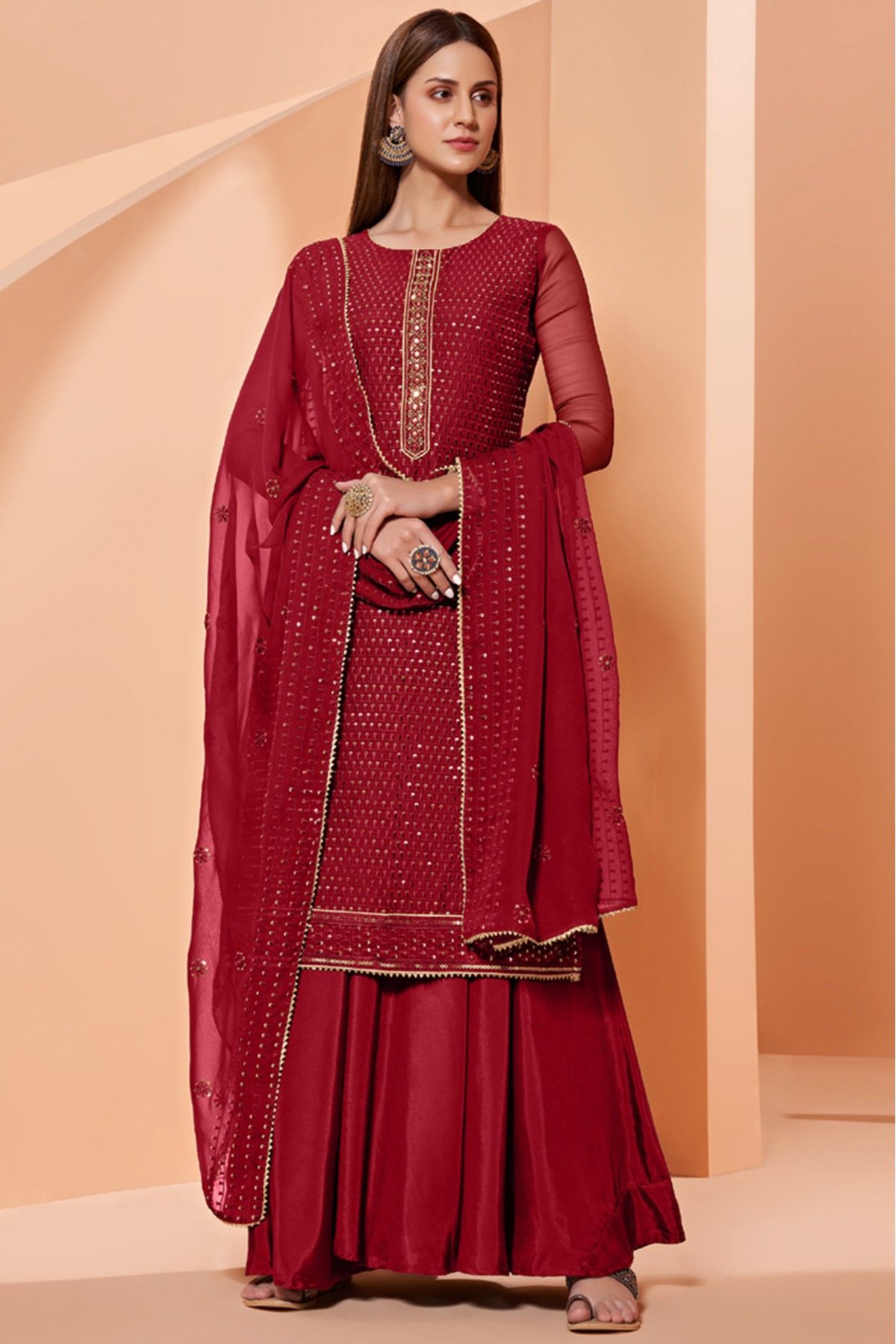 Georgette Embroidery Sharara Suit In Dark Red Colour SM5540063