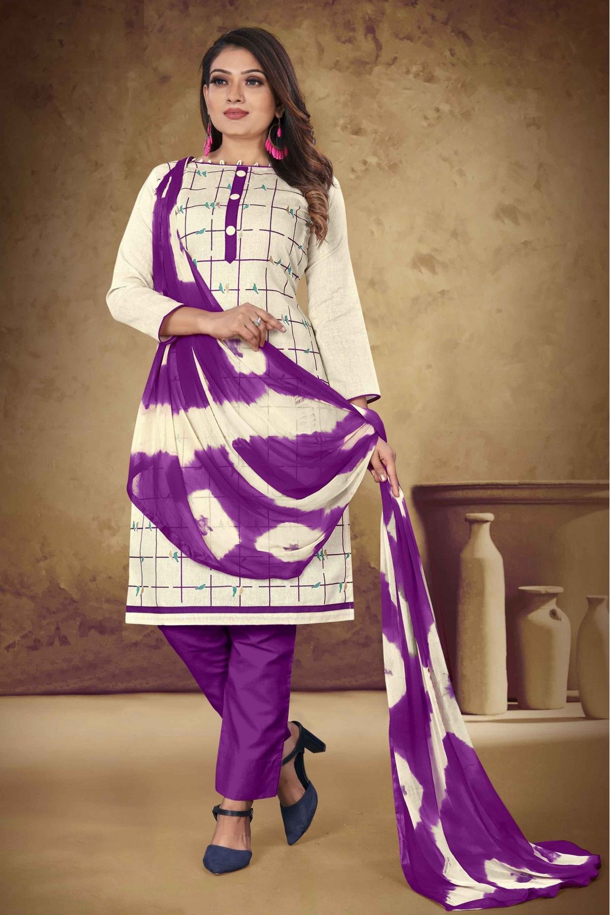 WHITE & PURPLE KHADI COTTON DRESS