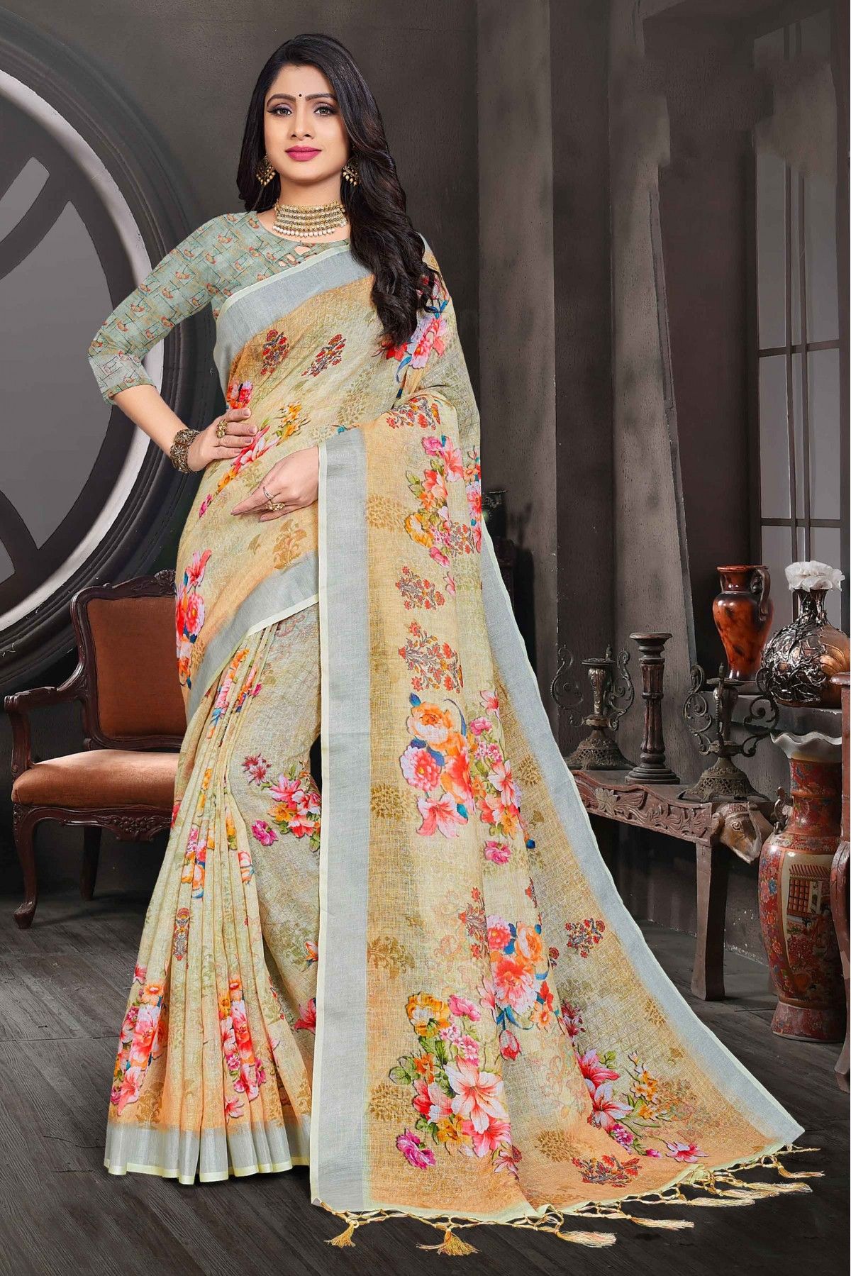 Buy Yellow & Off-White Linen Printed Saree Online | Saree look, Saree blouse  designs, Elegant saree