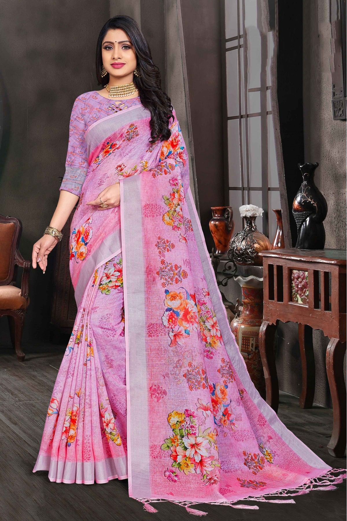 Saree Mall Pink Printed Saree With Unstitched Blouse