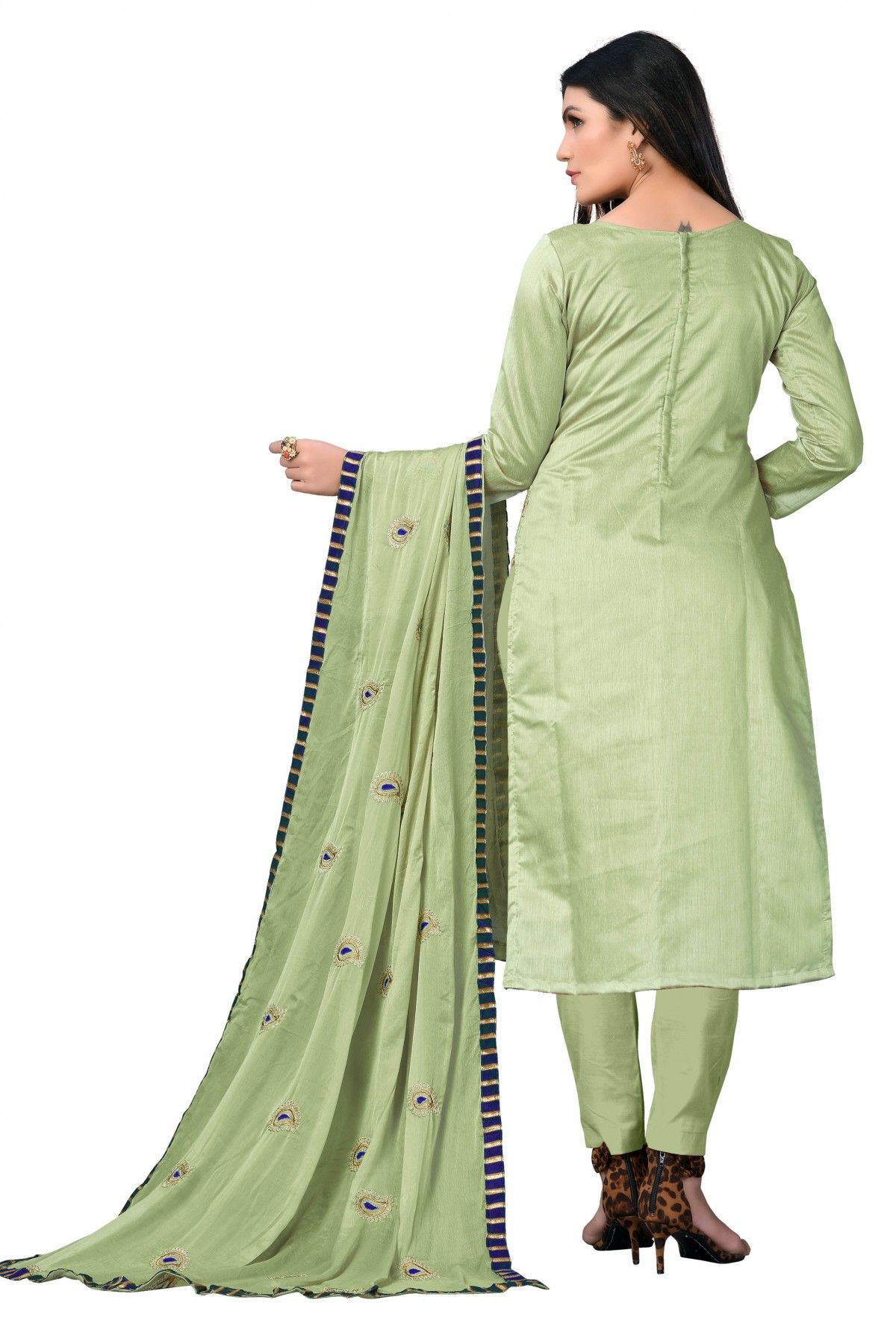 Light Olive Green Designer Embroidered Party Wear Silk Pant Suit