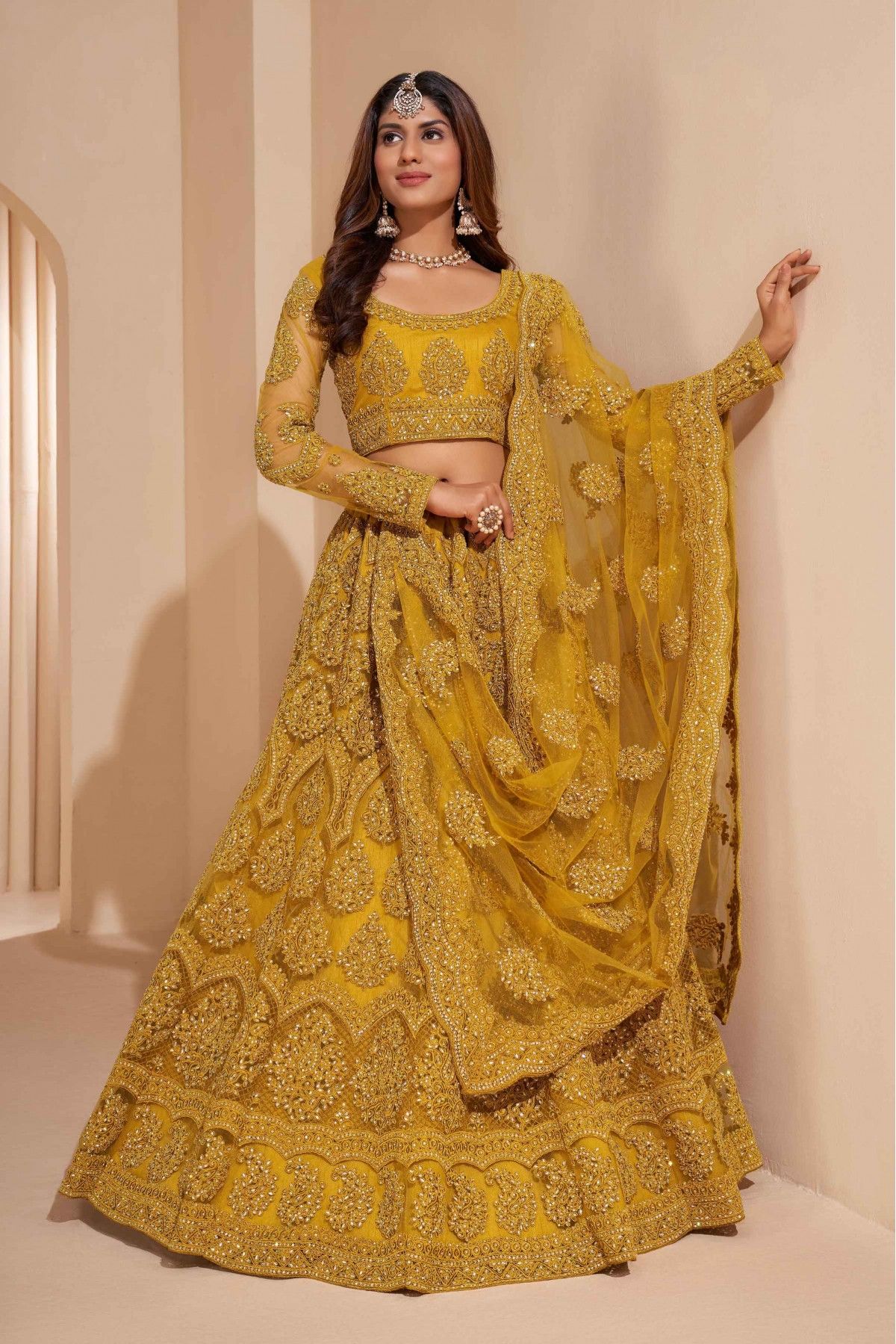 Buy Mustard Net Embroidered N Stones Umbrella Lehenga Wedding Wear Online  at Best Price | Cbazaar