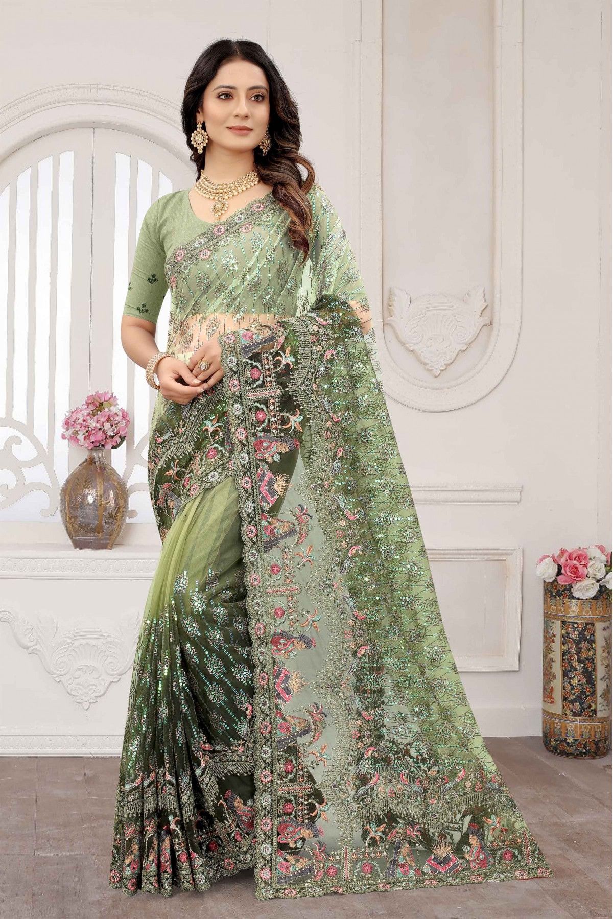 Banarasi Cotton Linen Mix Saree With Resham Peacock Weaving-Mehndi Gre –  Banarasikargha