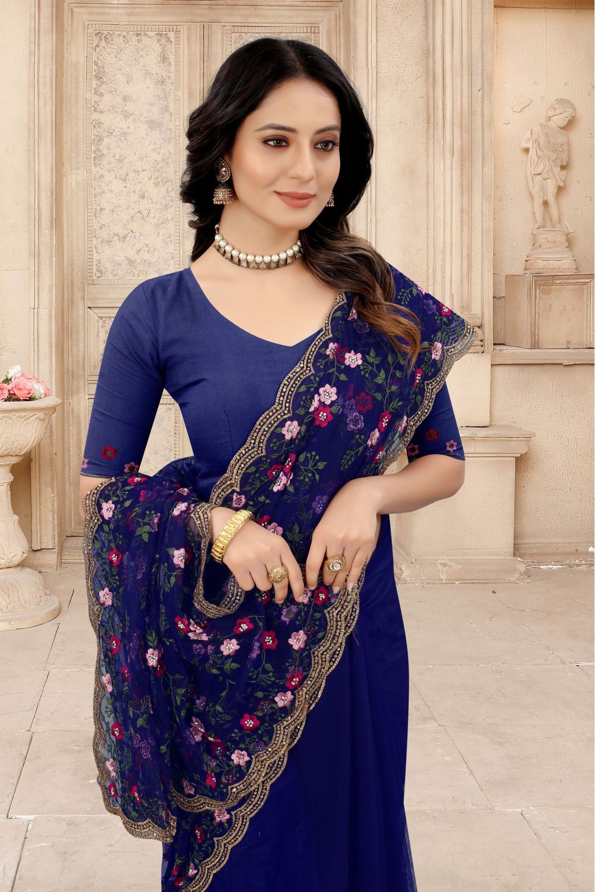 Trending Resham Work Embroidered Net Navy Blue Saree