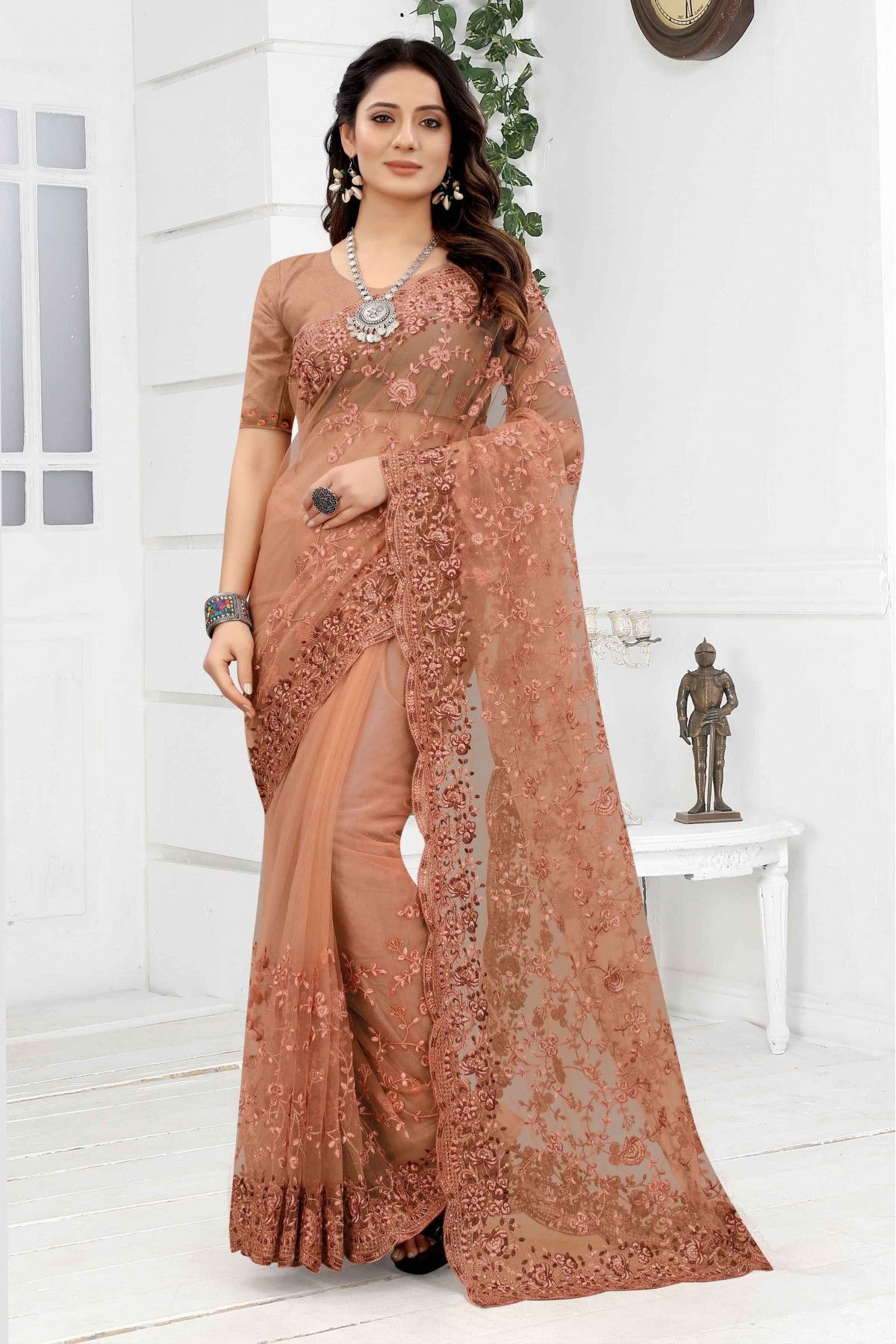 Party wear shop net embroidered saree