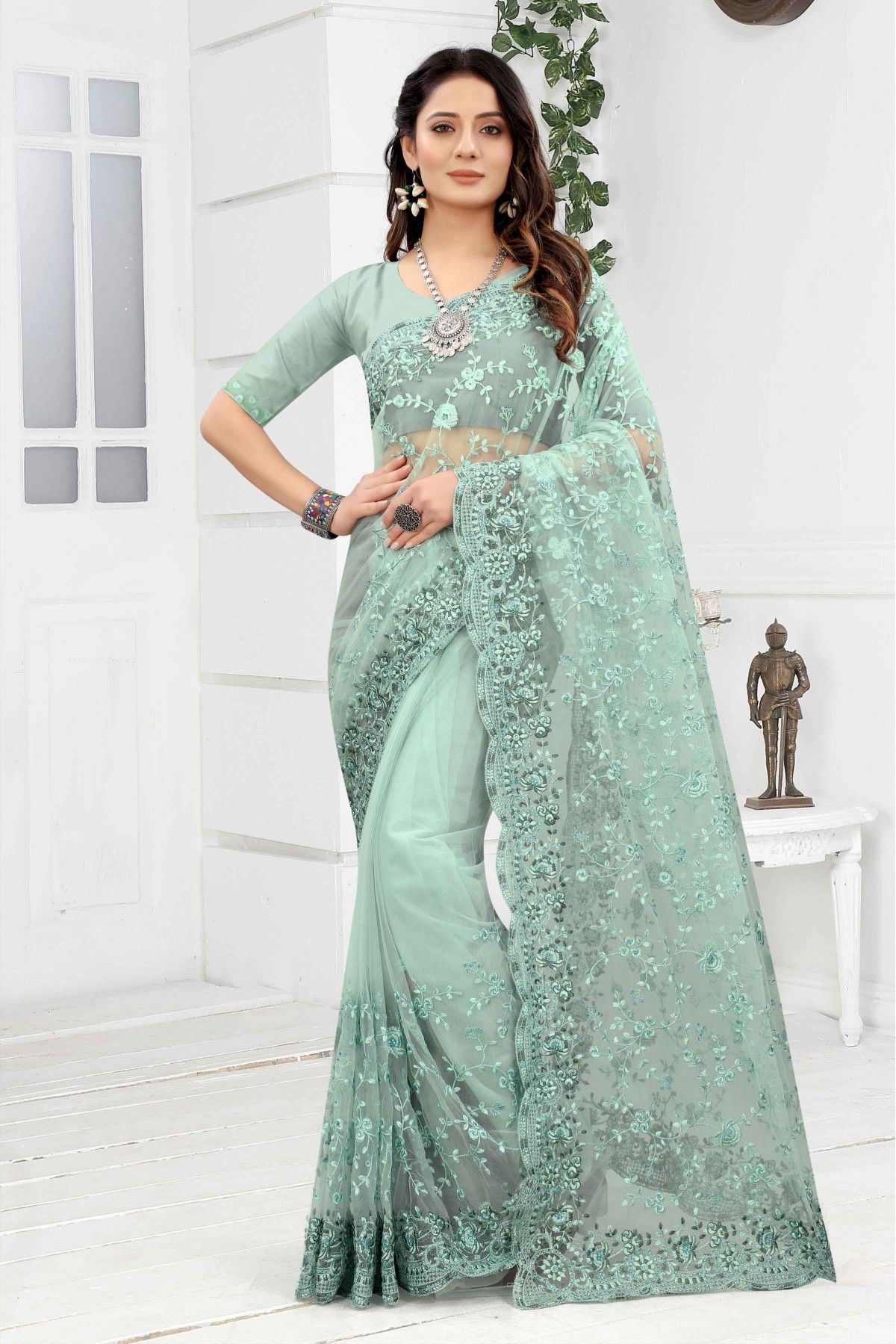 Sea Green Banarasi Silk Saree With Blouse 249071