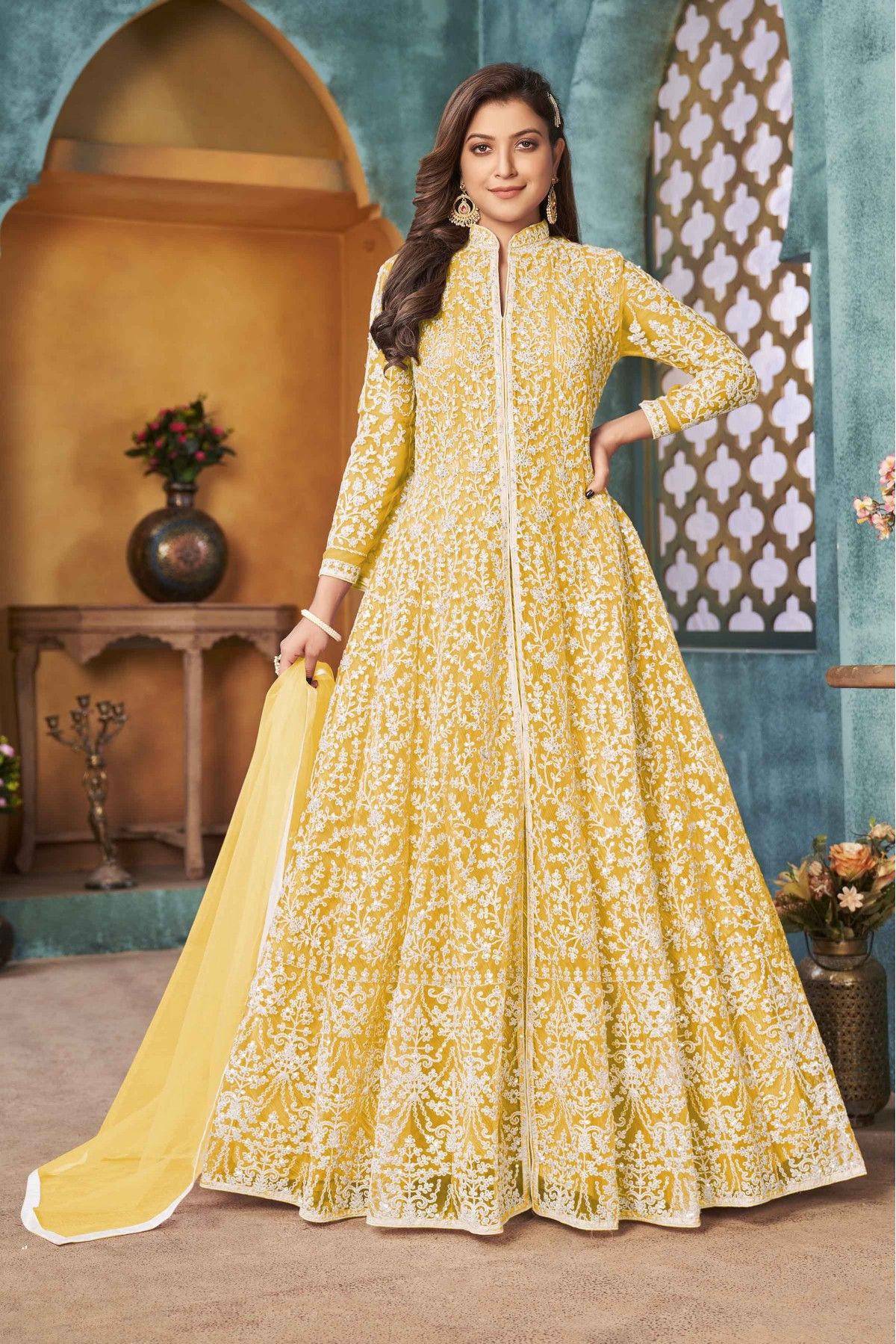 Net Sequins Work Anarkali Suit In Yellow Colour-SM1640746