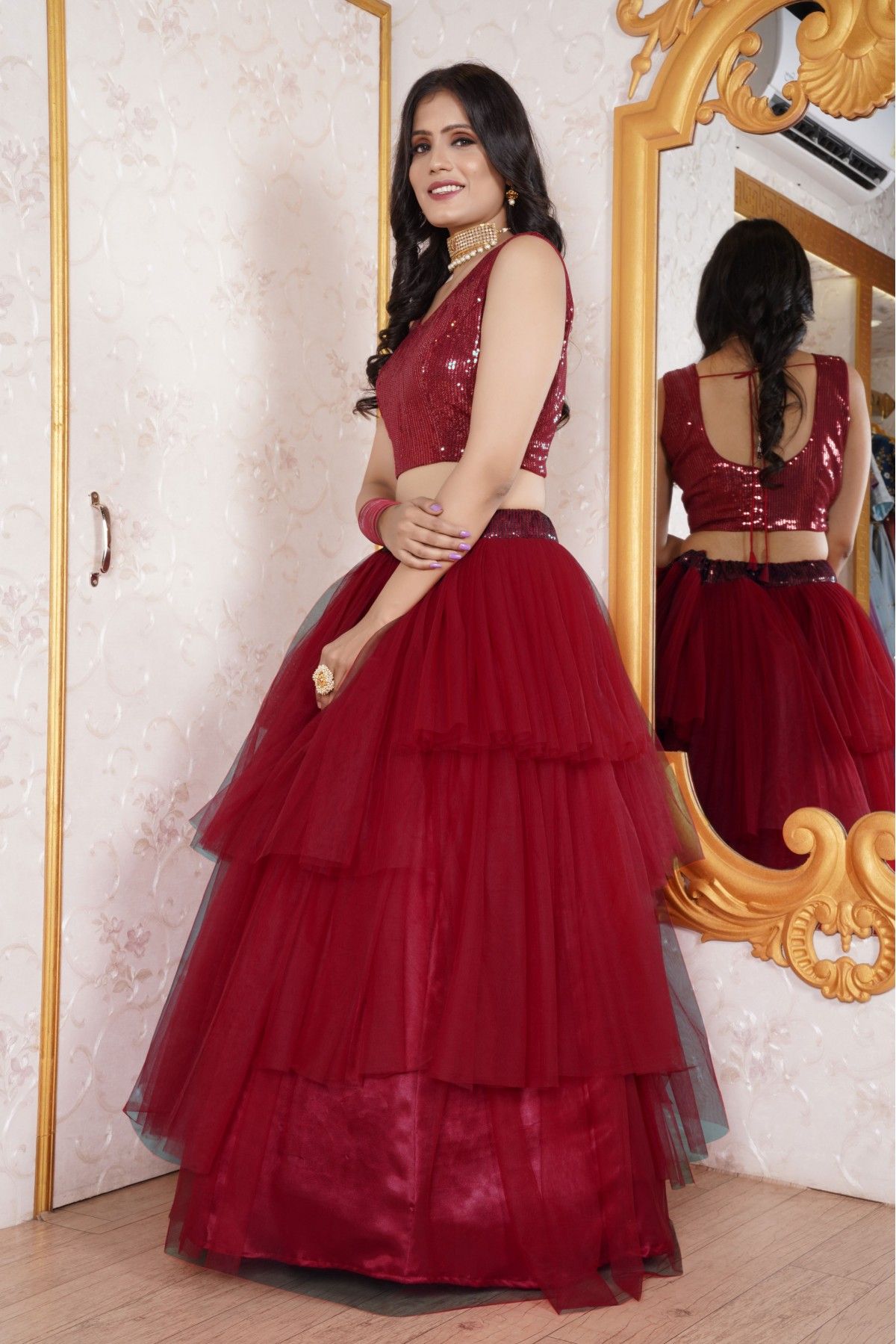 Wine and Light Pink Velvet Lehenga | Lashkaraa