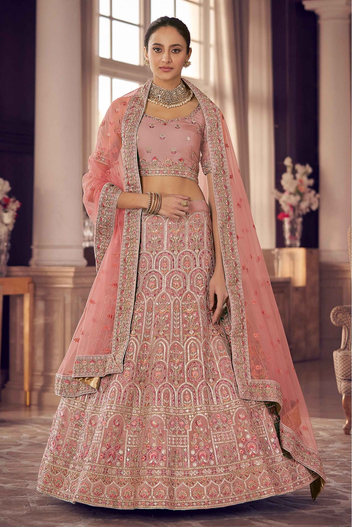 Grey Color Georgette Base Thread Work Lehenga With Net Dupatta