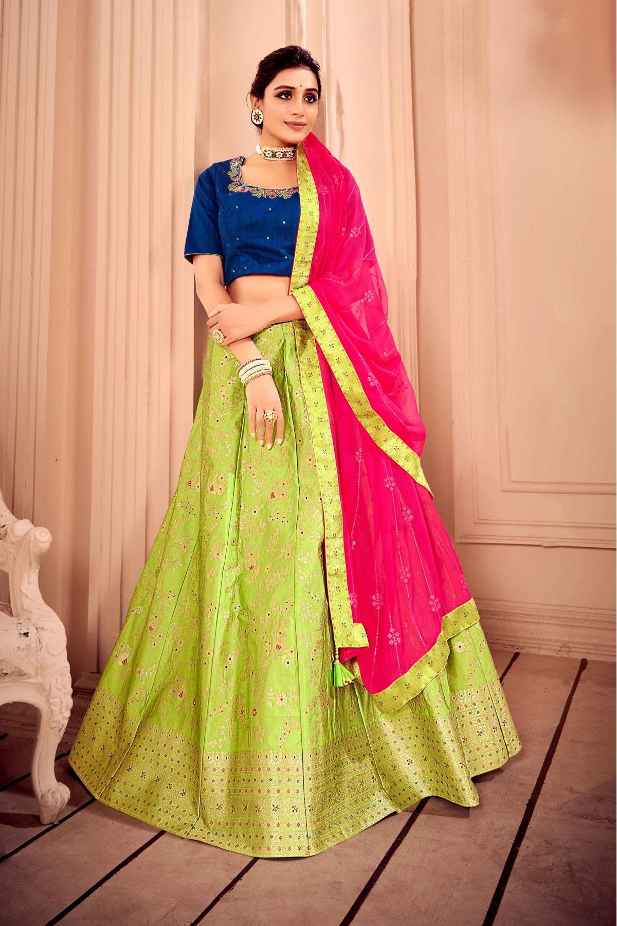 Jacquard Bridal Wear Embroidered Art Silk Lehenga in Light Green at Rs  11580 in Surat