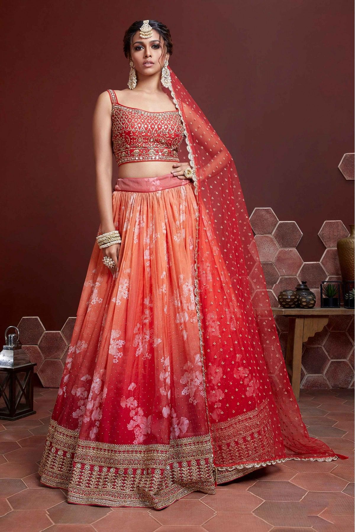 Exclusive Georgette Embroidered Print With Sequence Work Bridal Lehenga  Choli Orange Wine Color DN 2305