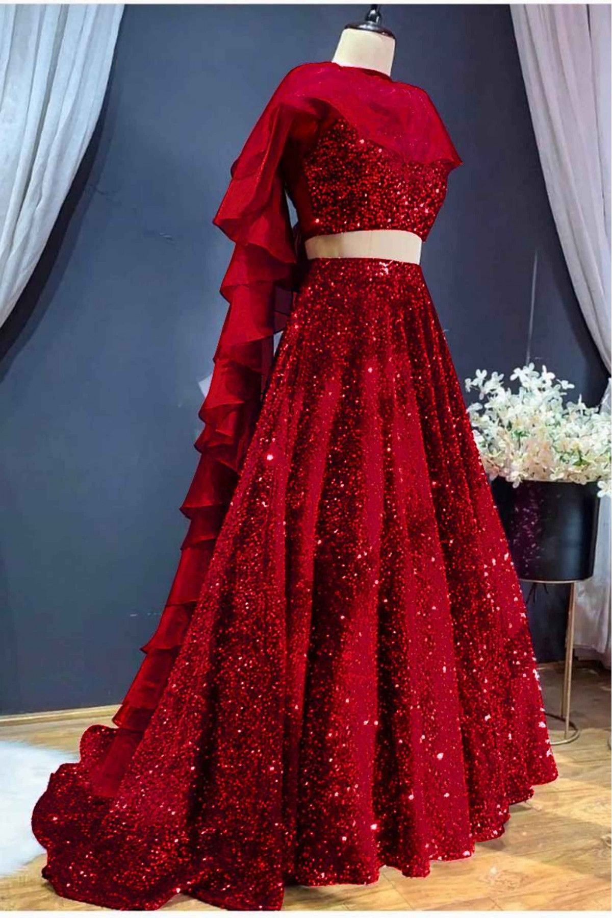 Odette Women Heavy Designer Maroon Organza Semi Stitched Lehenga With