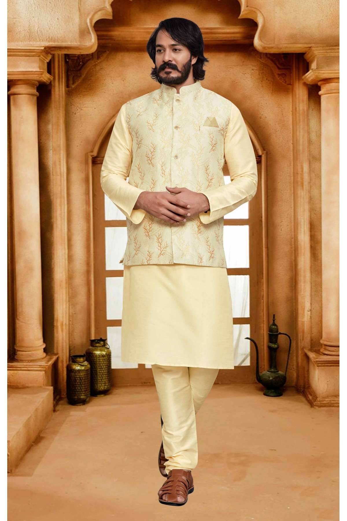 Art Silk And Jacquard Woven Kurta Pajama With Jacket In Cream Colour - KP1047592