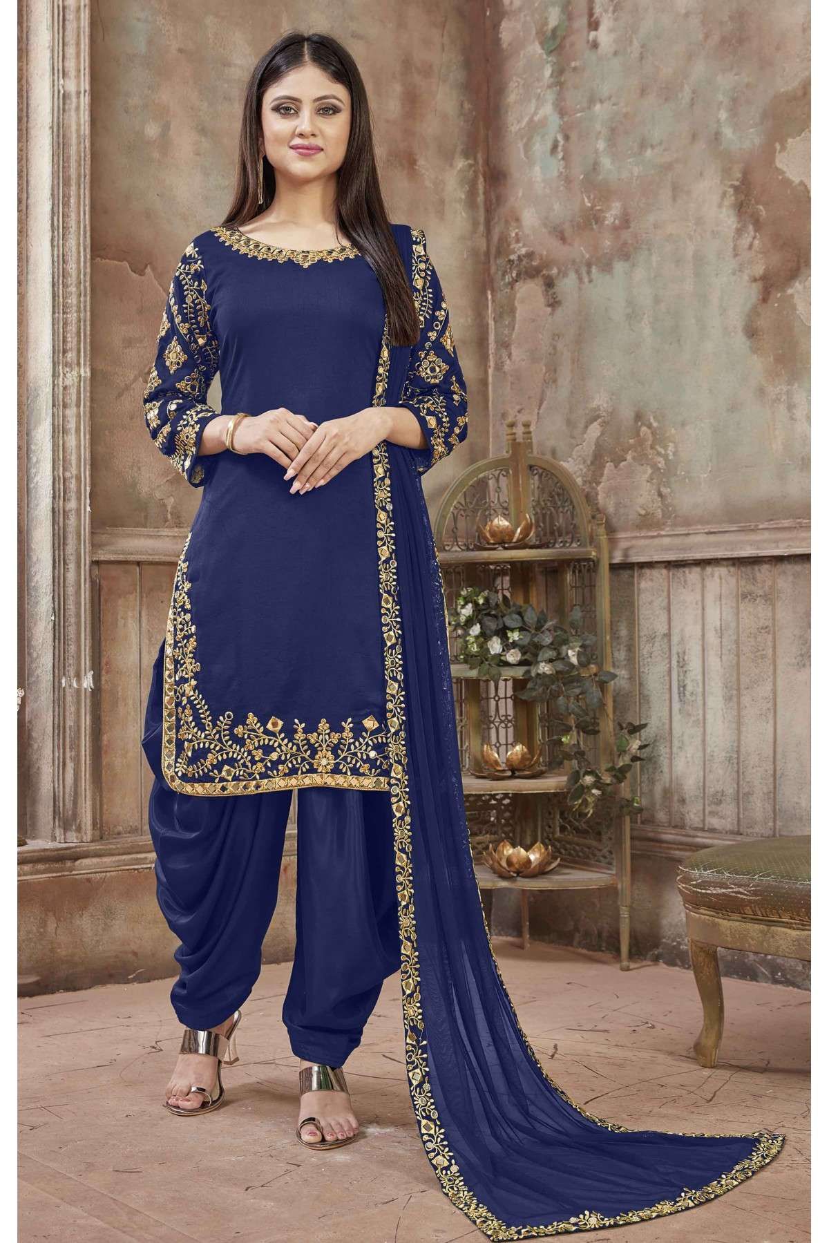 Art Silk Embroidery Patiala Suit In Blue Colour - SM1640843