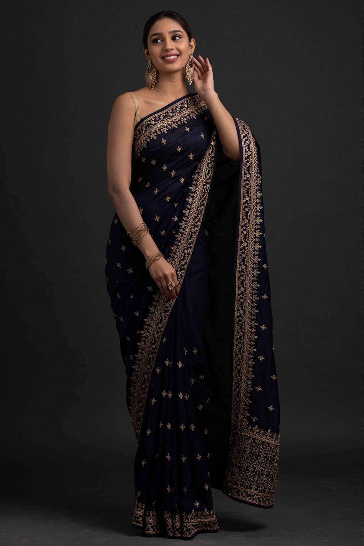 Royal Blue Satin Organza Mirrorwork Saree With Sleeveless Blouse - Vvani by  Vani Vats- Fabilicious Fashion