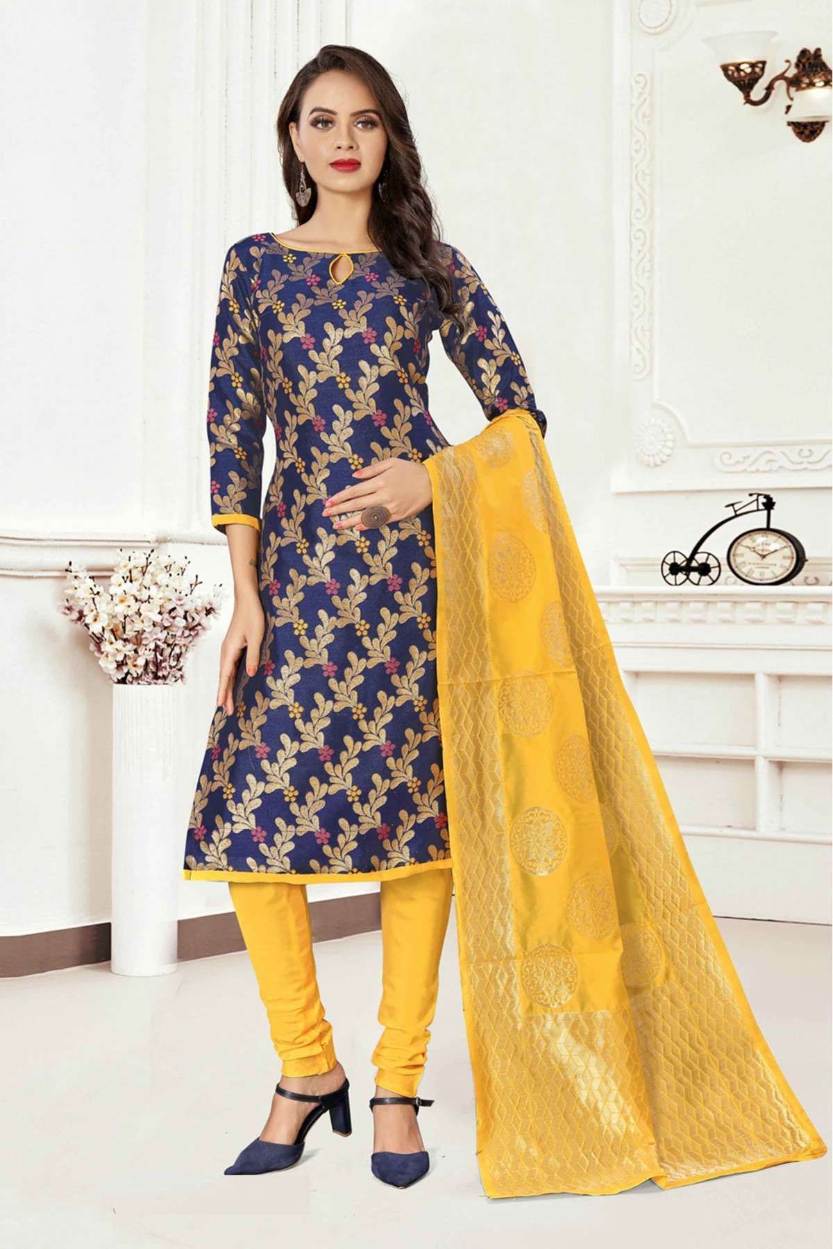 Unstitched Banarasi Cotton Thread Work Churidar Suit In Mustard Colour