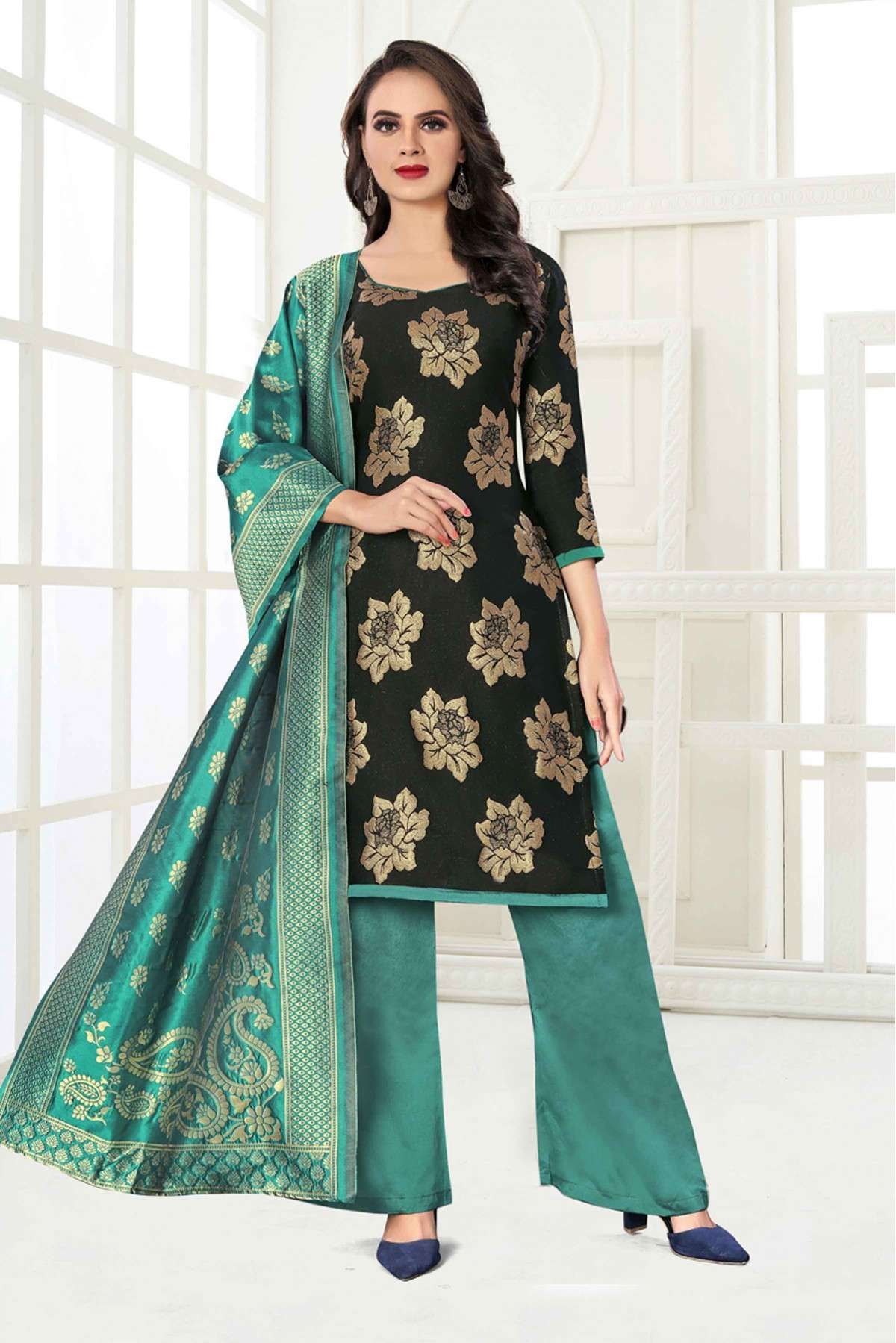 Silk Blend Embroidery Palazzo Pant Suit In Black Colour - SM4452231