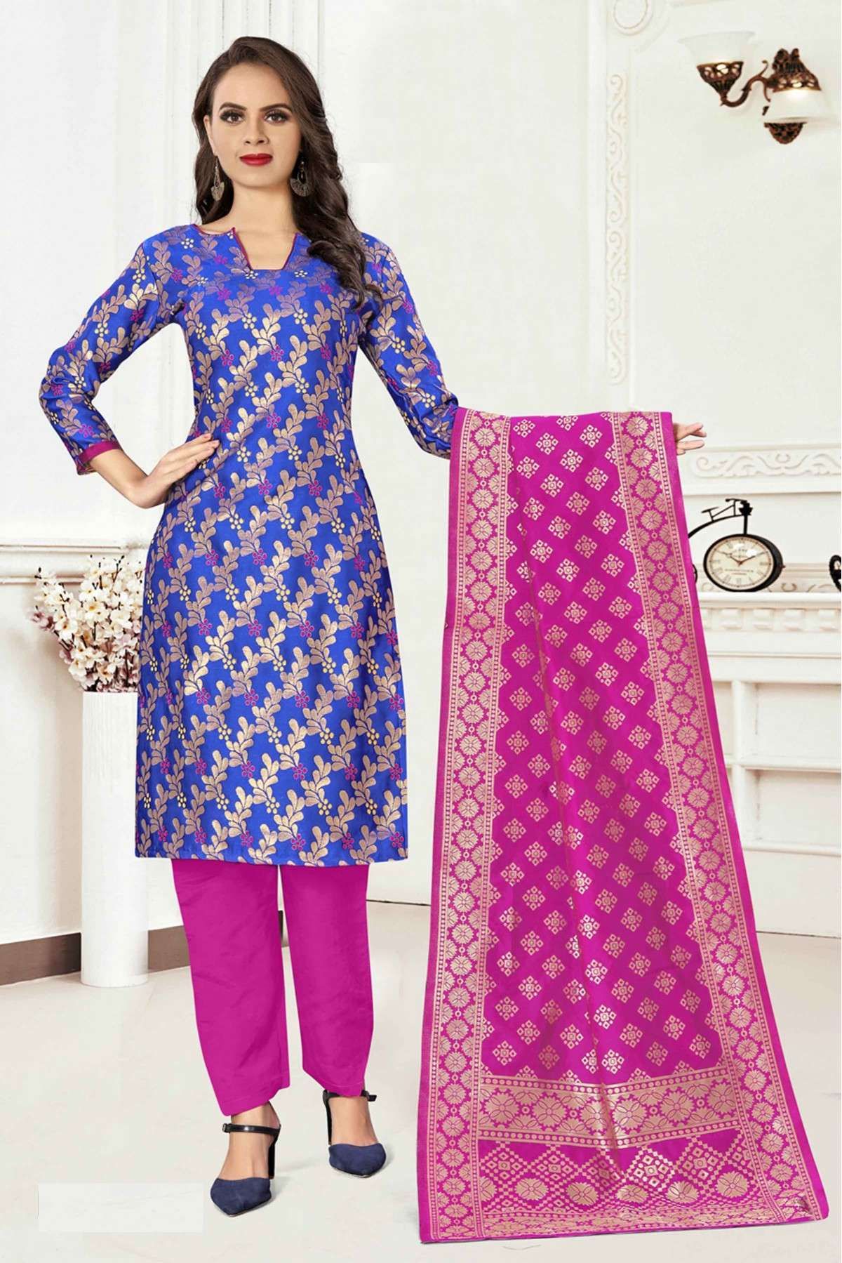 Banarasi Silk Woven Pant Style Suit In Blue Colour - SM5641630