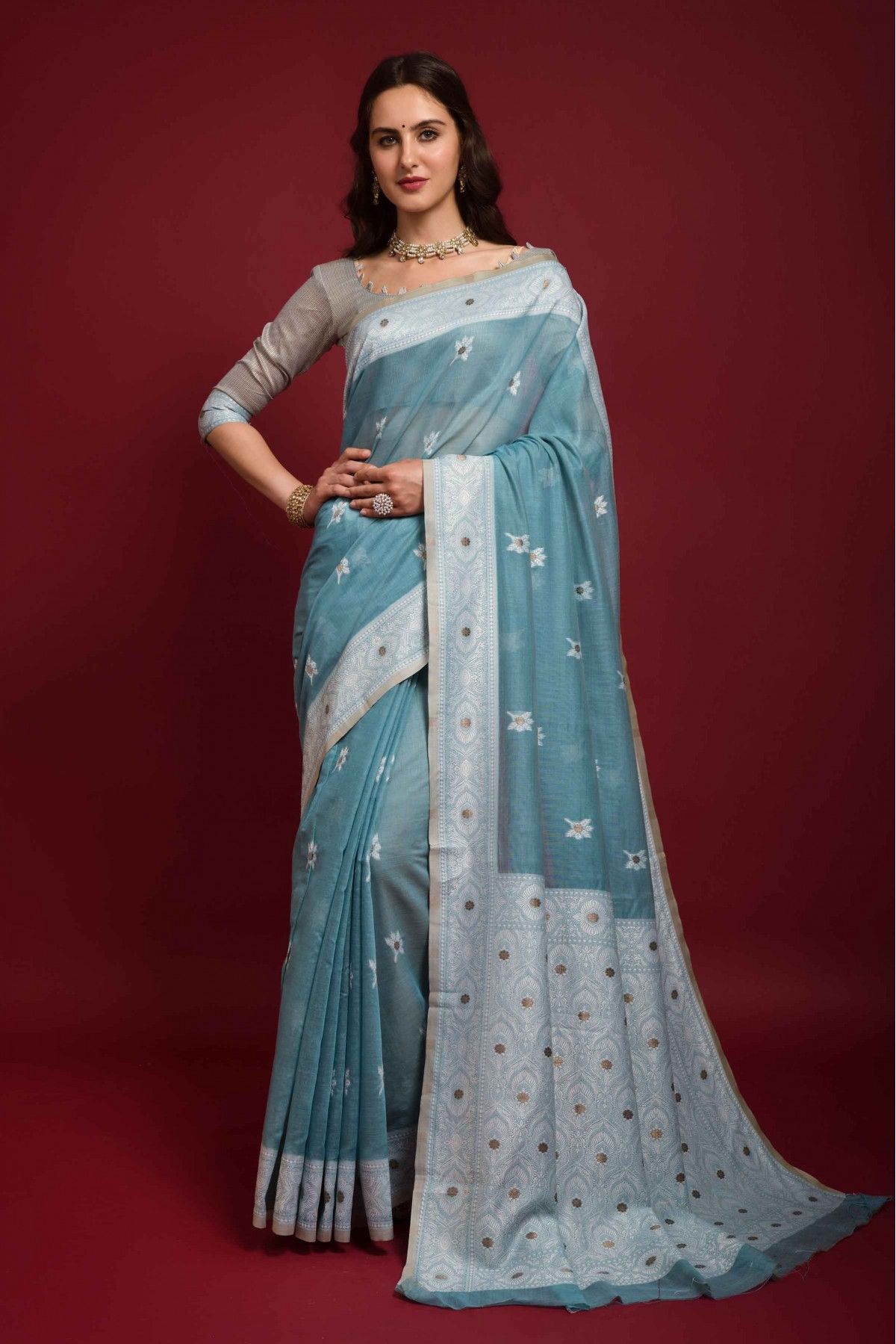 Buy Light Blue Hand Embroidered Organza Silk Saree | CM-SS-10/CHAM7 | The  loom