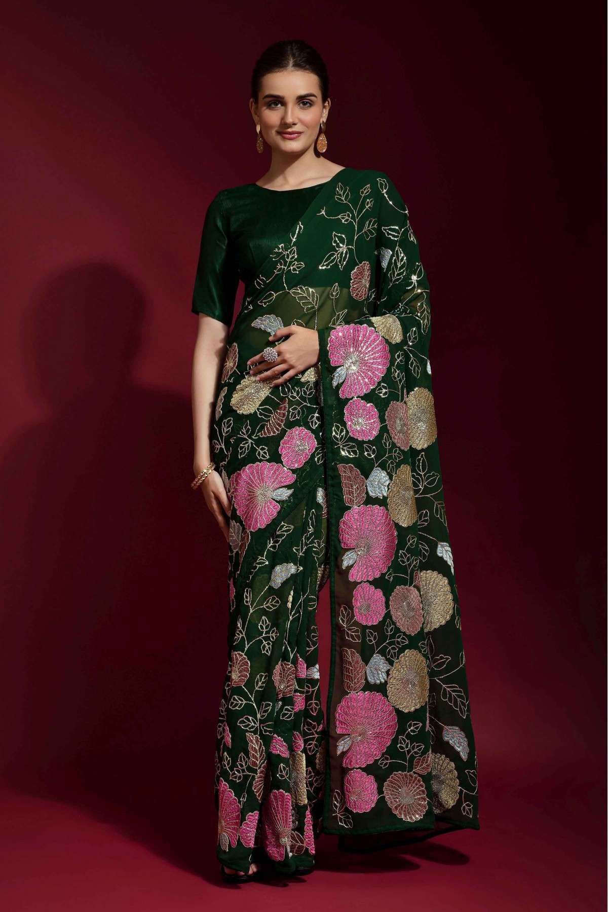Banglori Silk Embroidery Saree In Dark Green Colour - SR1357811