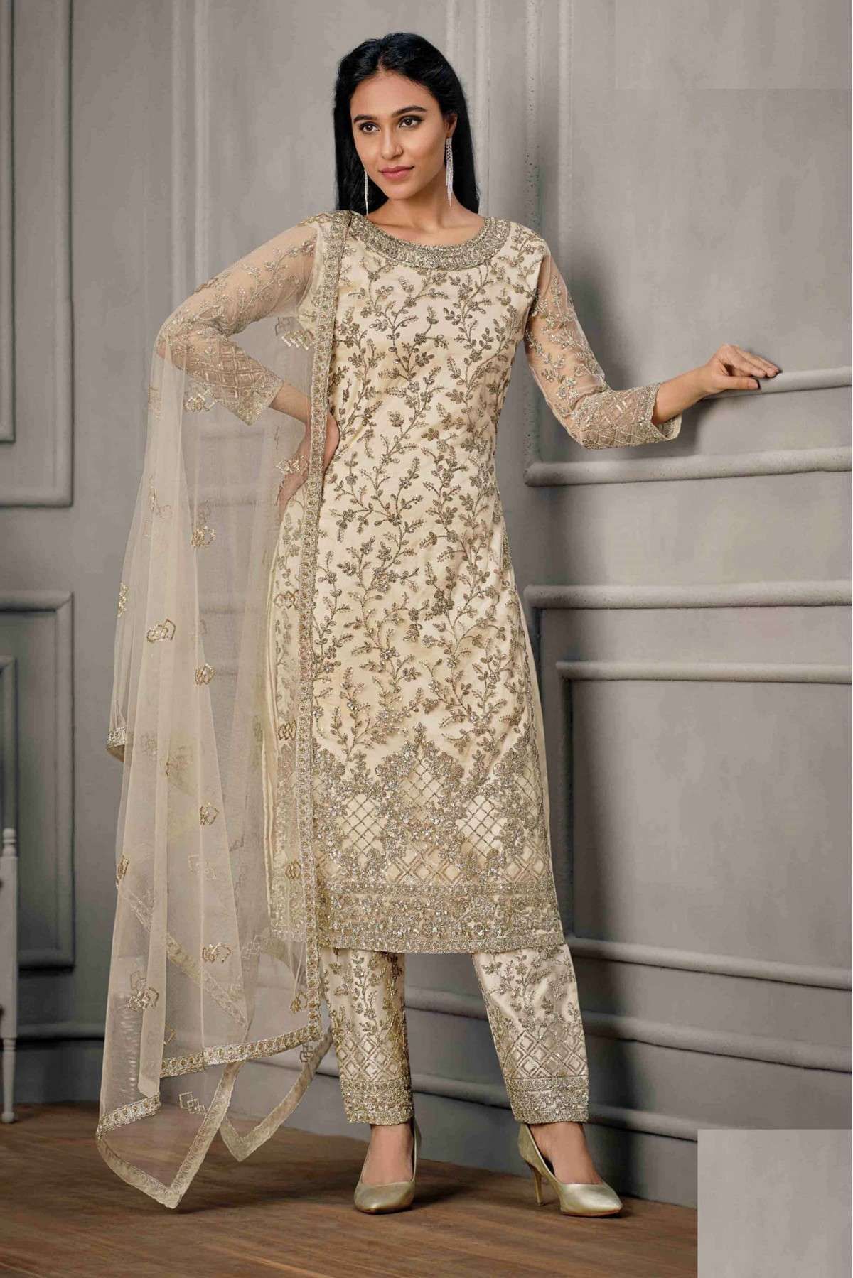 Butterfly Net Embroidery Pant Style Suit In Cream Colour - SM5641730