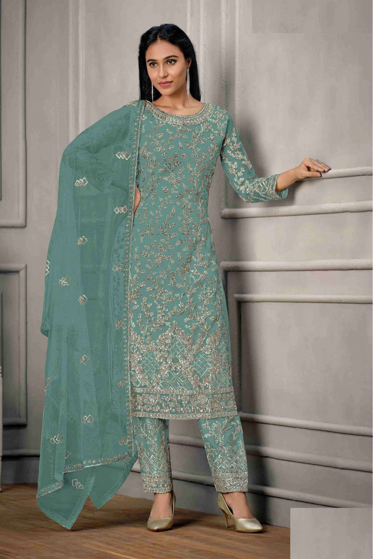 Butterfly Net Embroidery Pant Style Suit In Green Colour - SM5641731