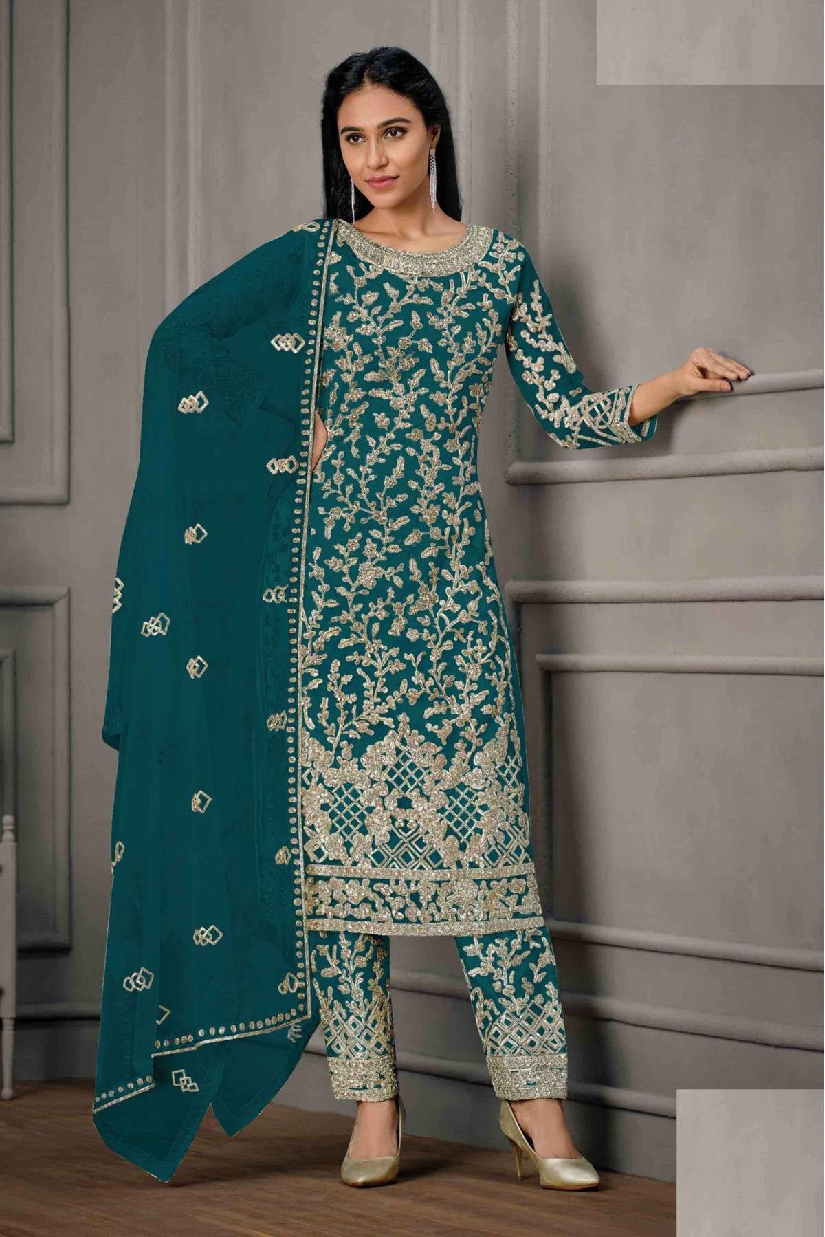 Butterfly Net Embroidery Pant Style Suit In Green Colour - SM5641731