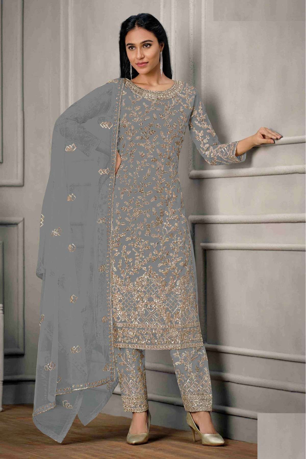 Butterfly Net Embroidery Pant Style Suit In Grey Colour - SM5641732