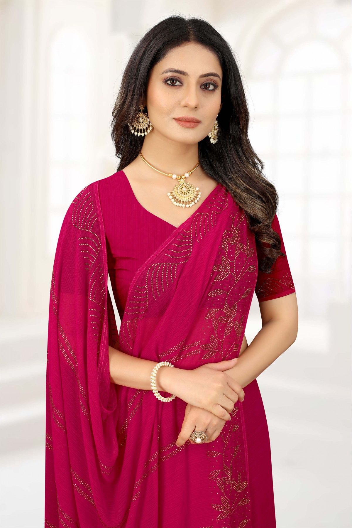 Chiffon Stone Work Saree In Rani Pink Colour - SR1543709