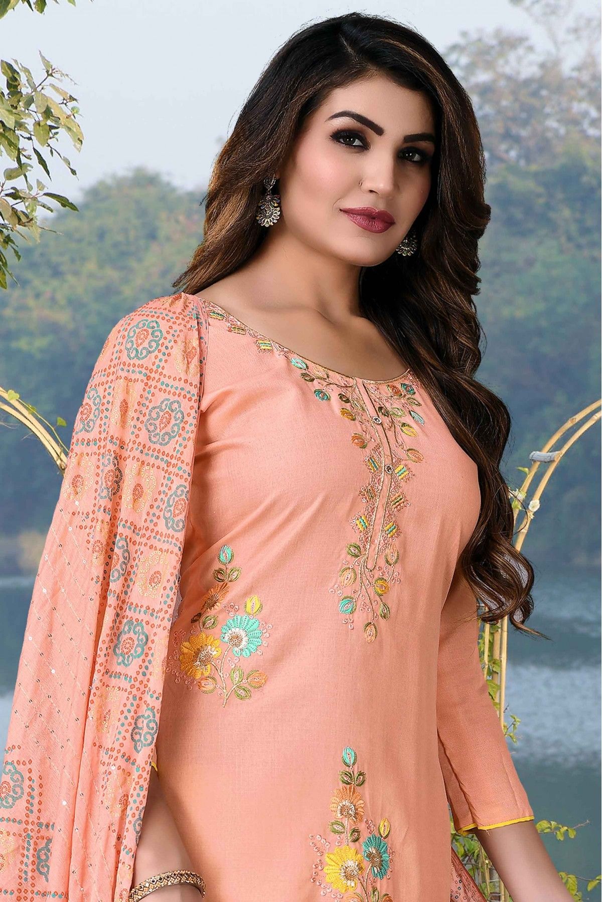 Peach Readymade Chanderi Pant Suit With Dupatta Latest 3898SL05