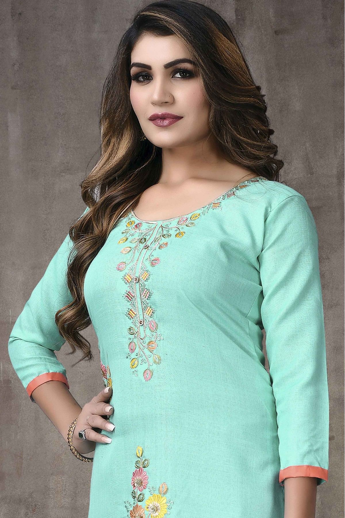 Cotton Embroidery Pant Style Suit In Sea Green Colour SM5415486 B