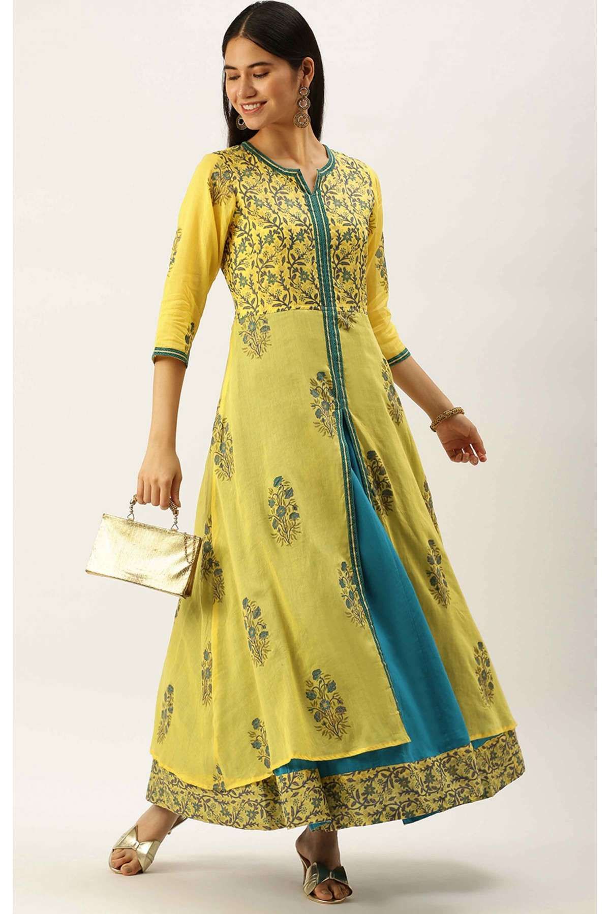 Taffeta Silk Printed Gown In Yellow Colour - GW5680314