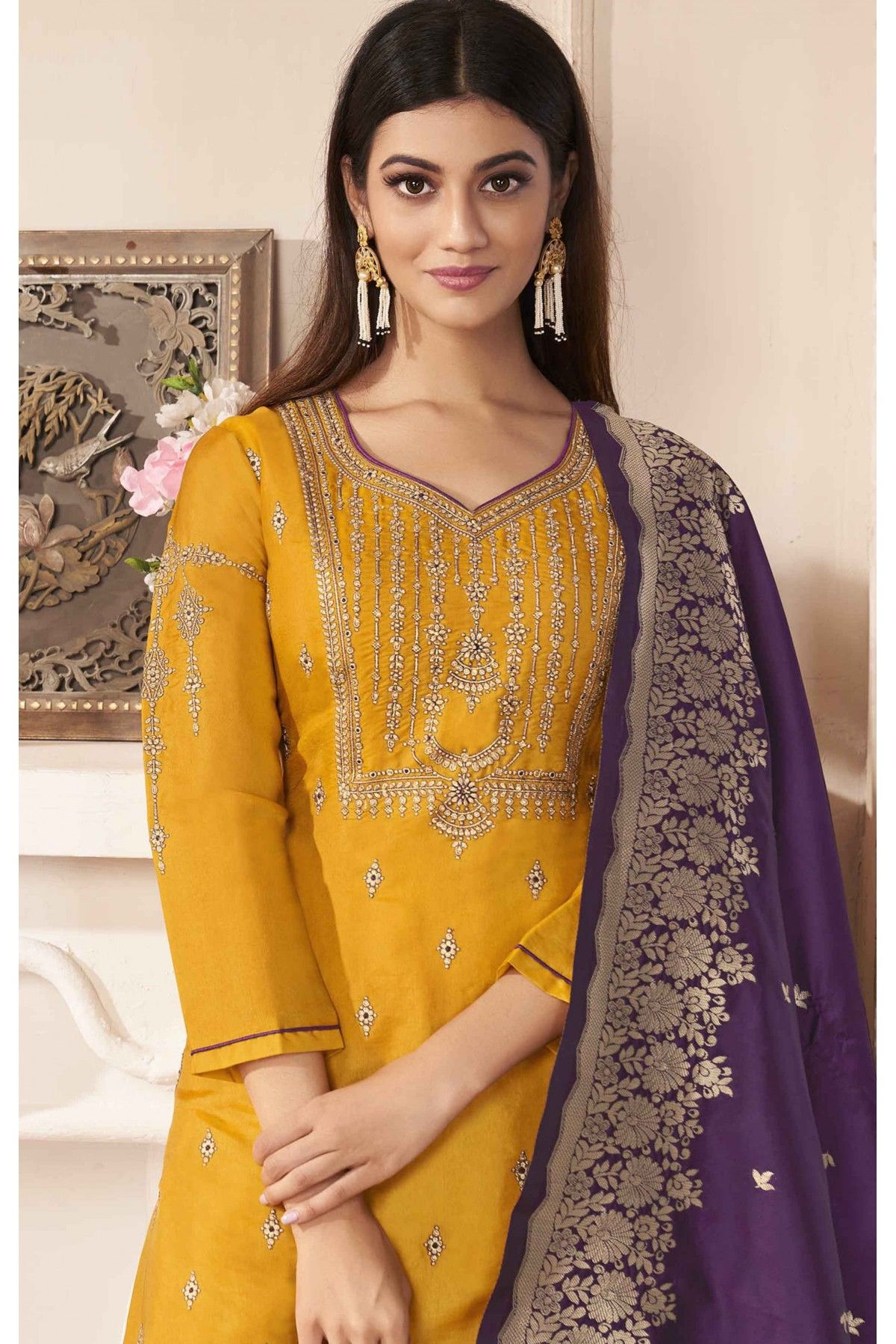 Mustard Yellow Plain Palazo Suit Fancy Embroidery Work