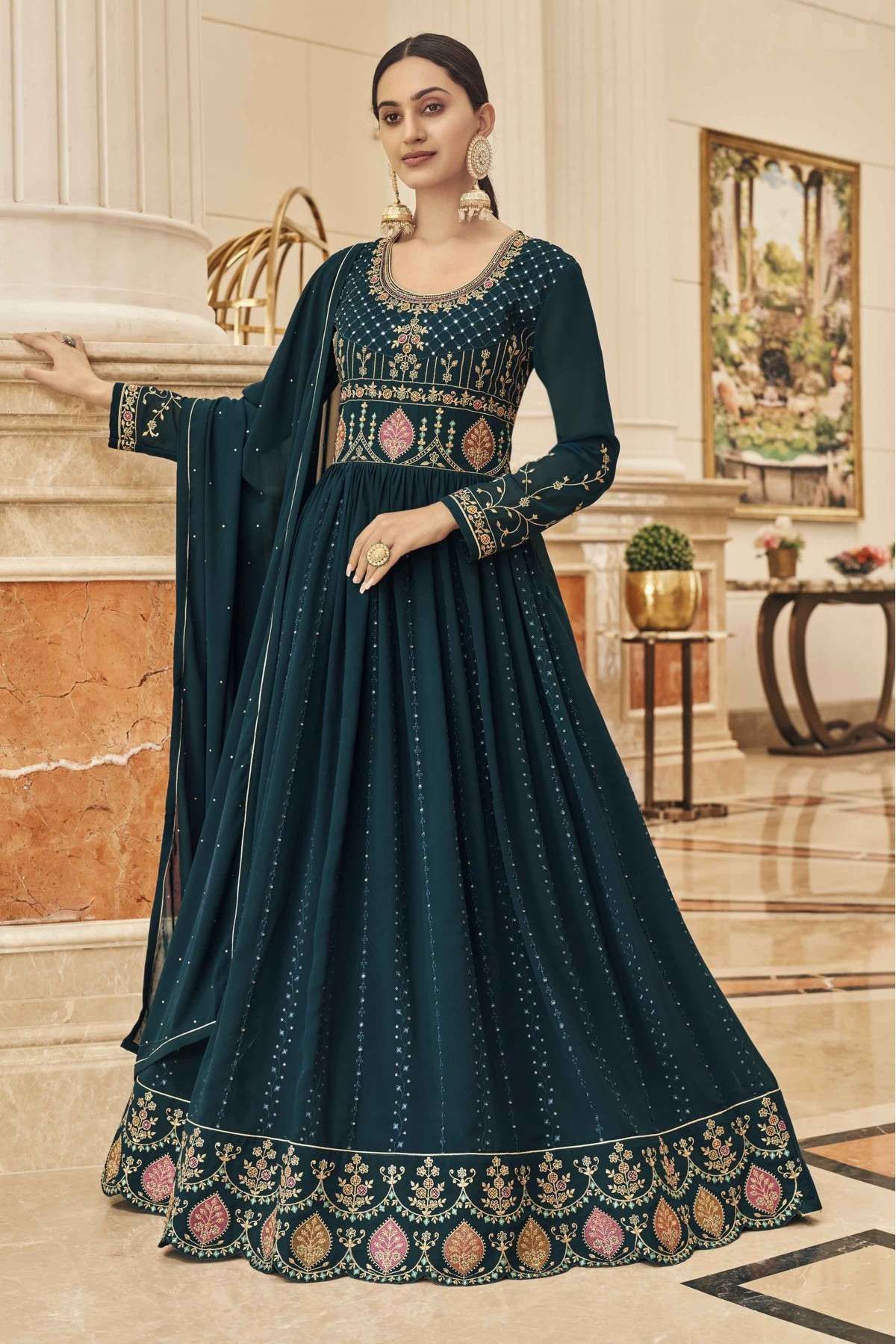 Teal Blue Zari and Sequins work Straight Cut Salwar Suit – Seasons Chennai