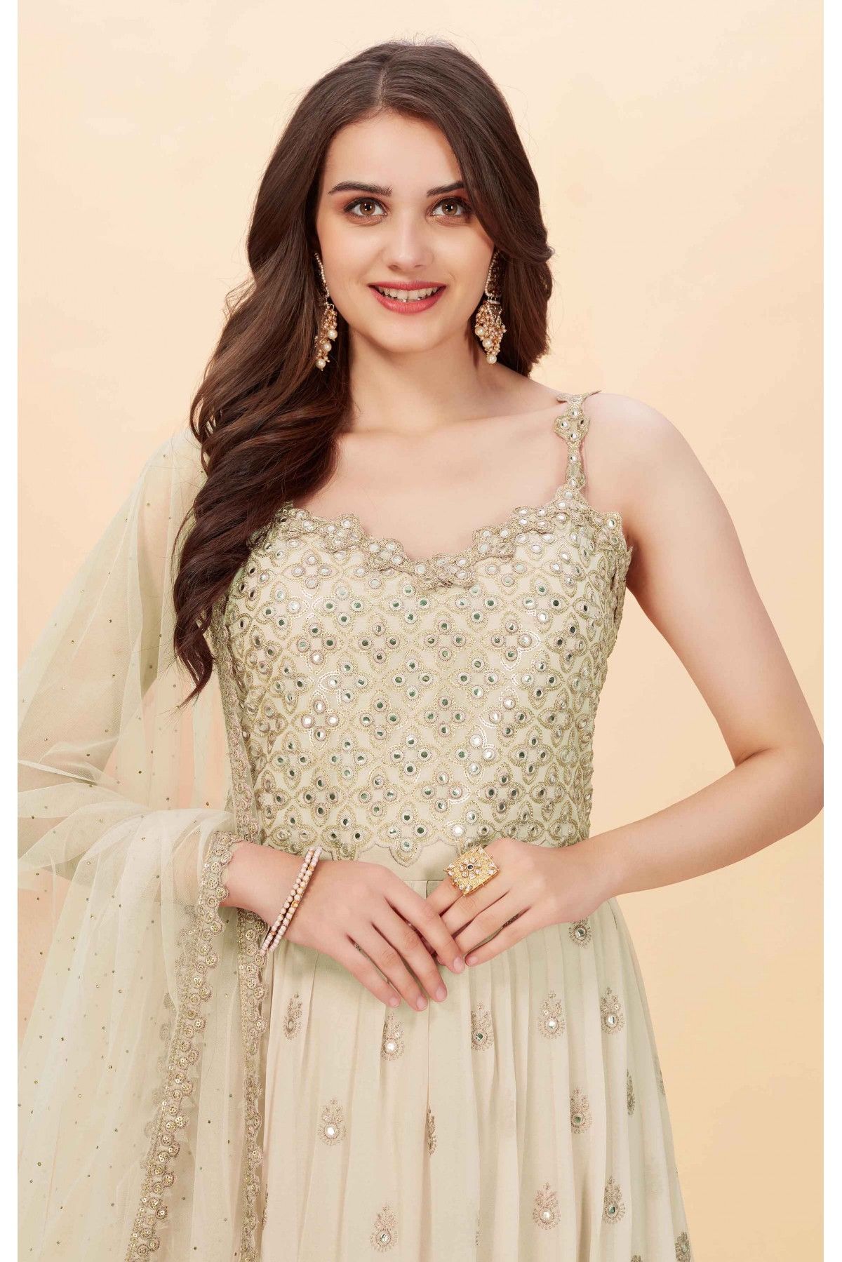 Faux Georgette Embroidery Anarkali Suit In Cream Colour - SM5416037