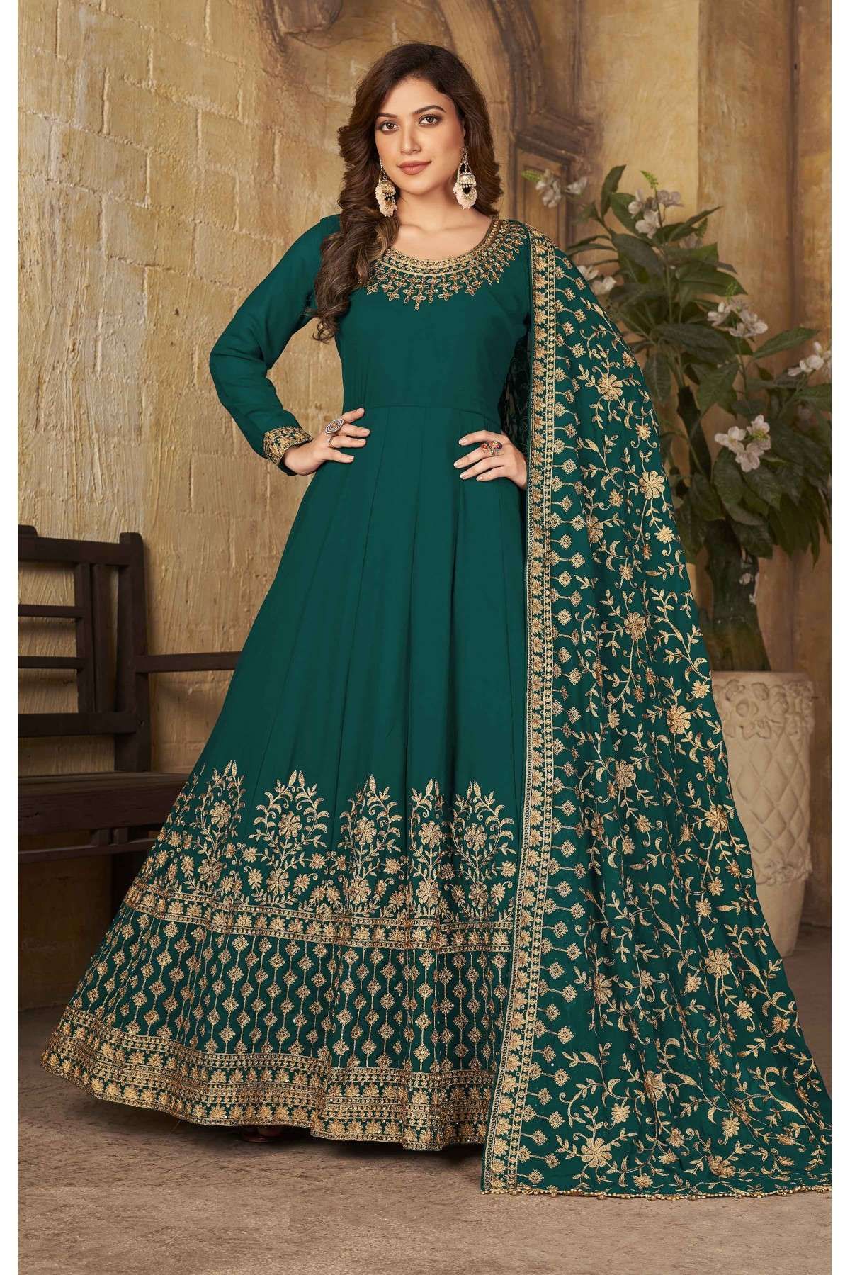 Faux Georgette Embroidery Anarkali Suit In Green Colour - SM1640799