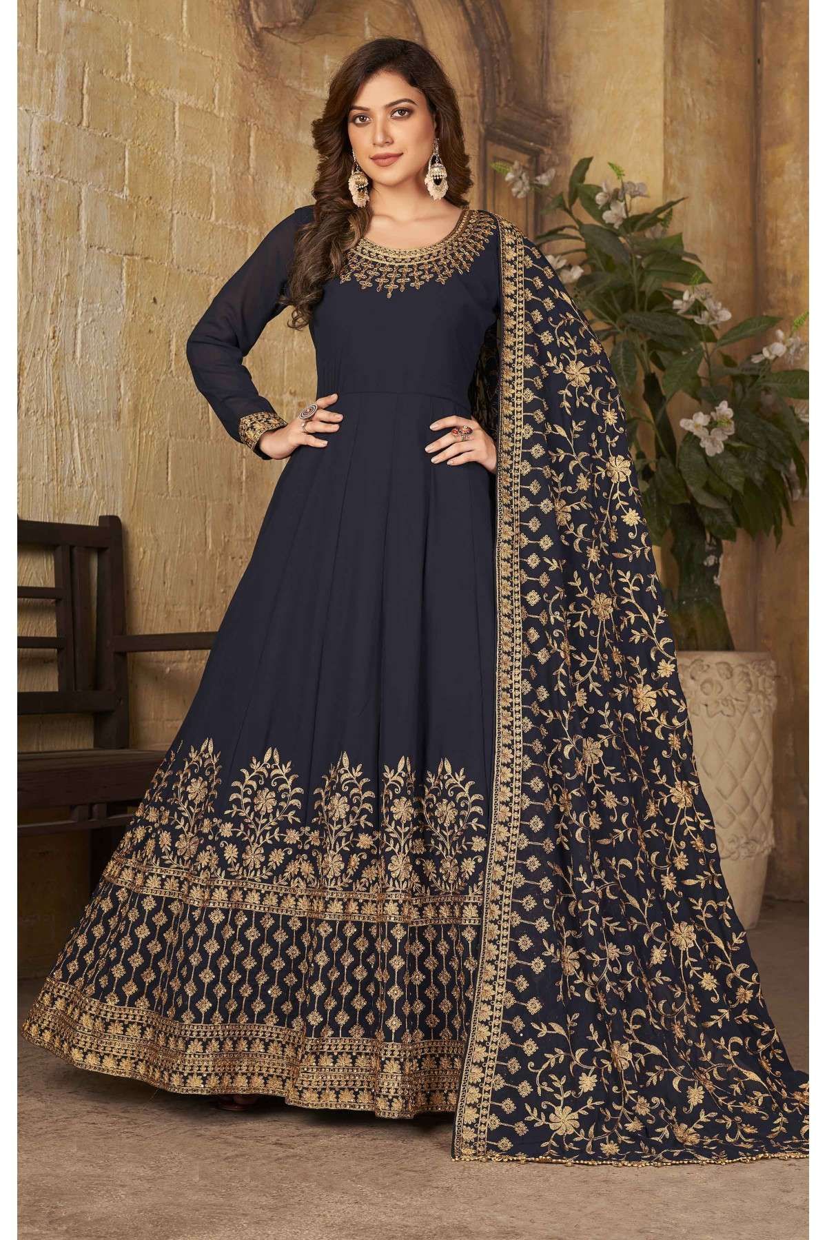 Faux Georgette Embroidery Anarkali Suit In Navy Blue Colour - SM1640801