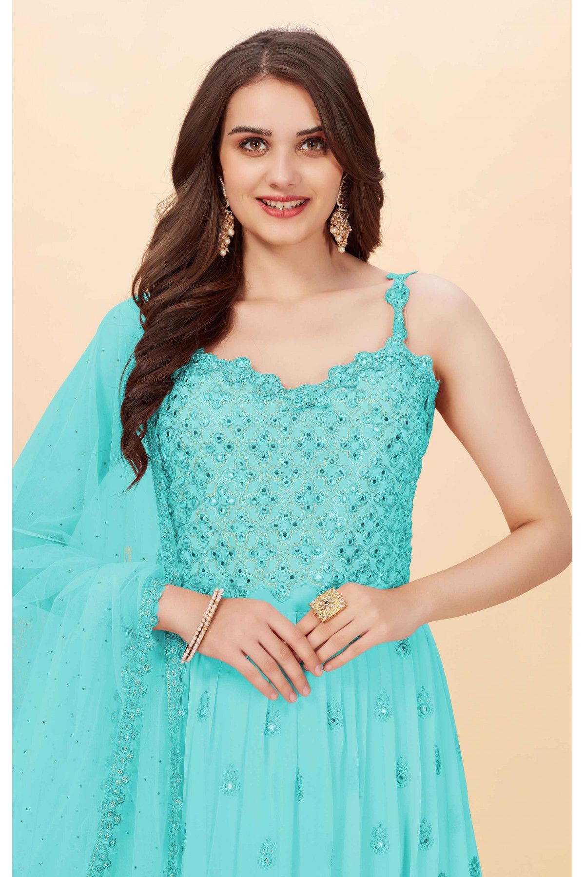 Faux Georgette Embroidery Anarkali Suit In Sea Green Colour - SM5416039