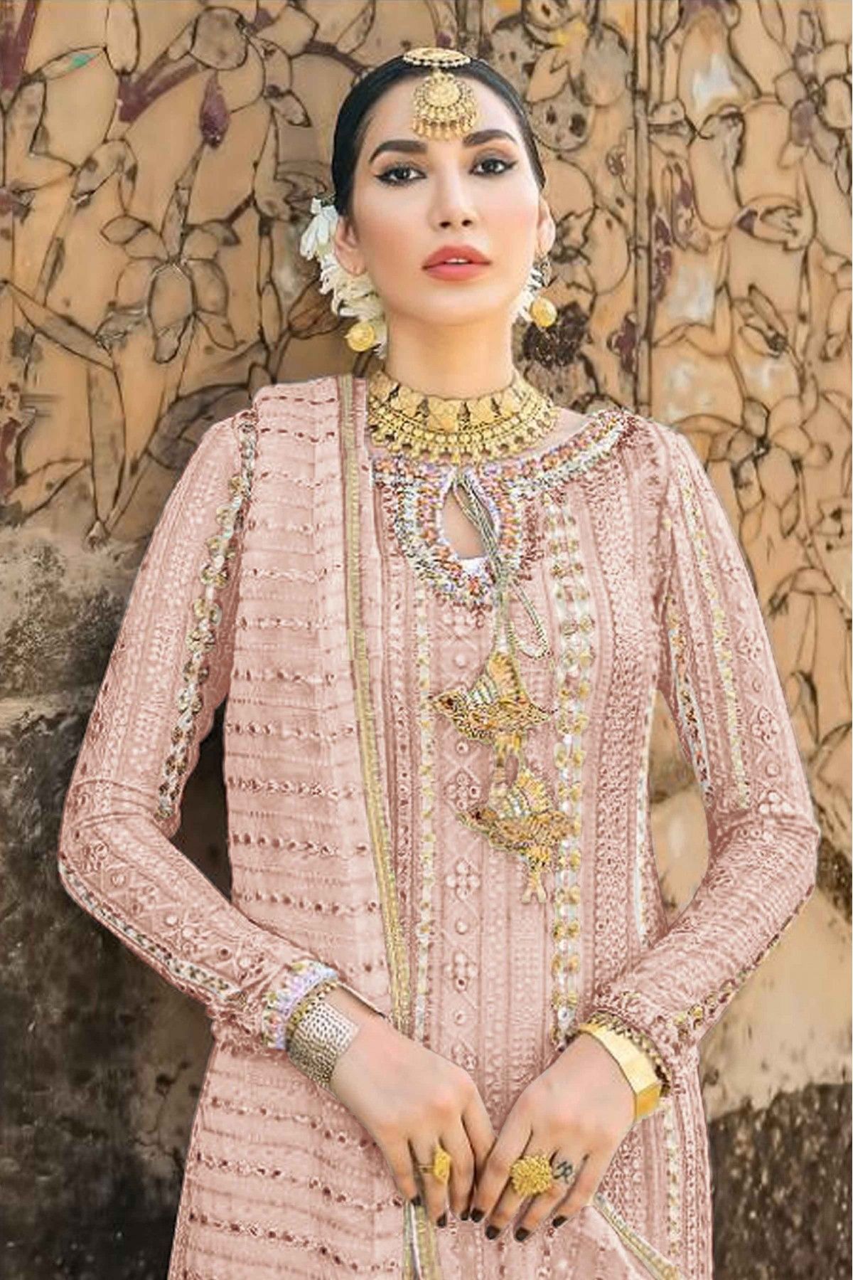 Faux Georgette Embroidery Churidar Suit In Peach Colour - SM5630101