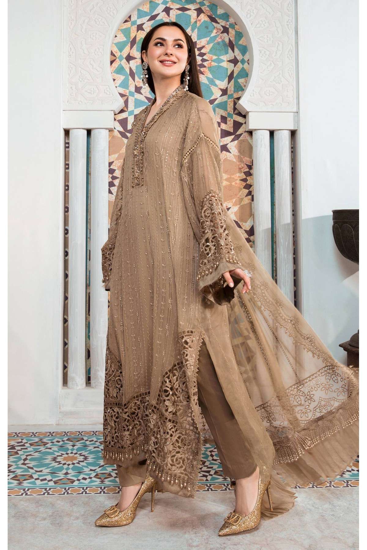 Faux Georgette Embroidery Pakistani Suit In Beige Colour - SM5550187