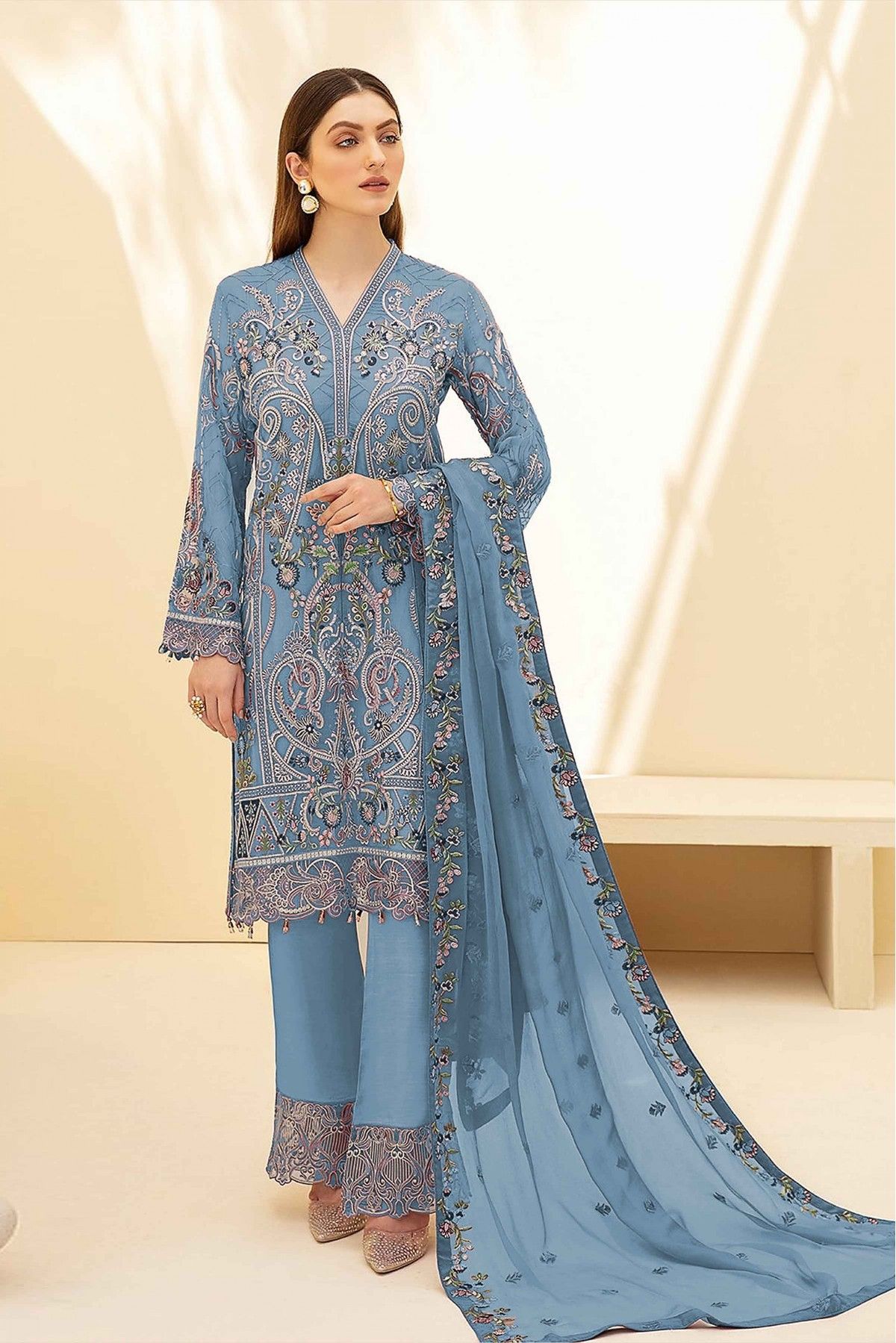 Buy Sky Blue Embroidery Work Georgette Pakistani Suit Online