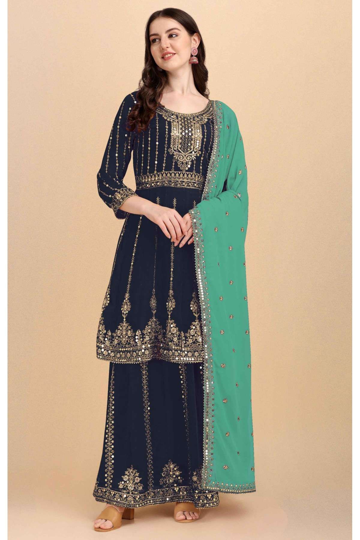 Faux Georgette Embroidery Palazzo Pant Suit In Blue Colour - SM5416043