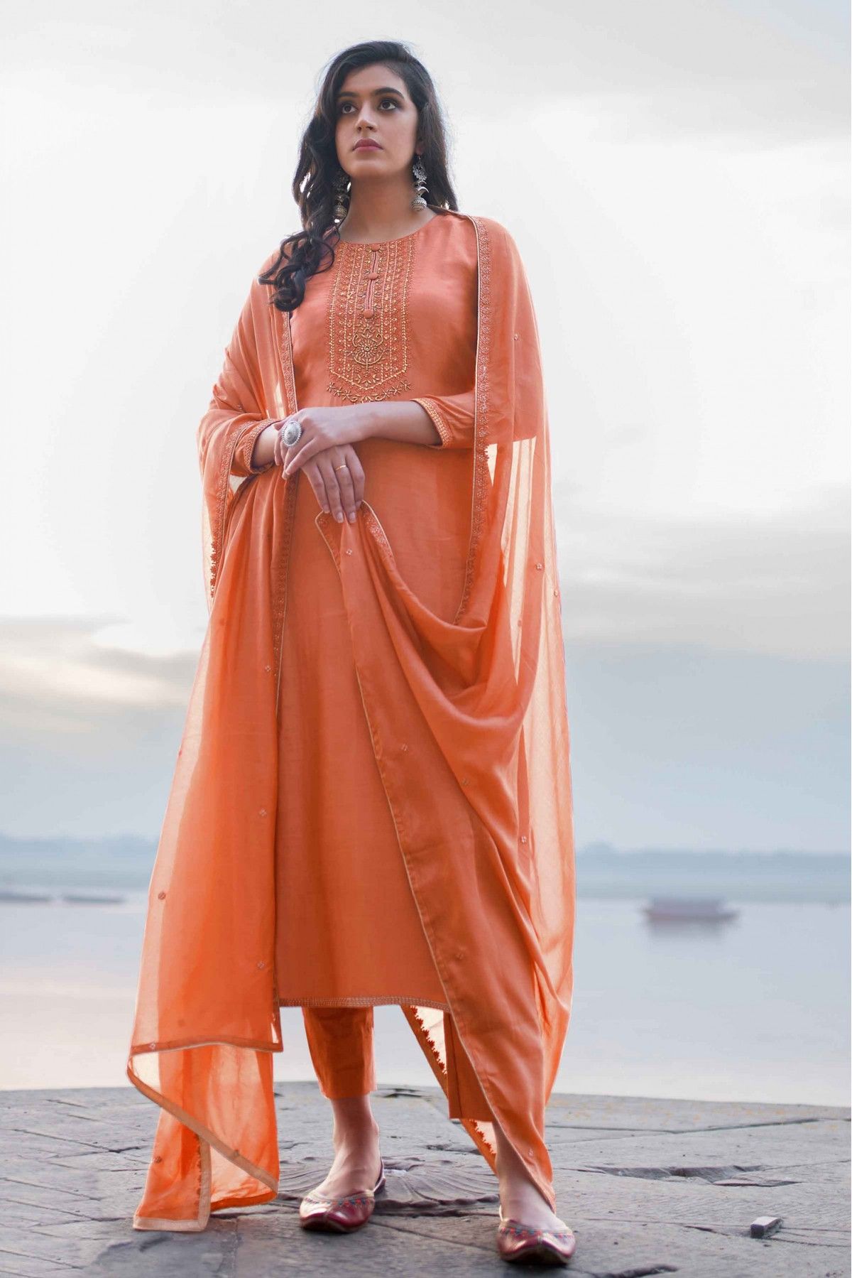 Orange Color Georgette Base Pant Style Suit