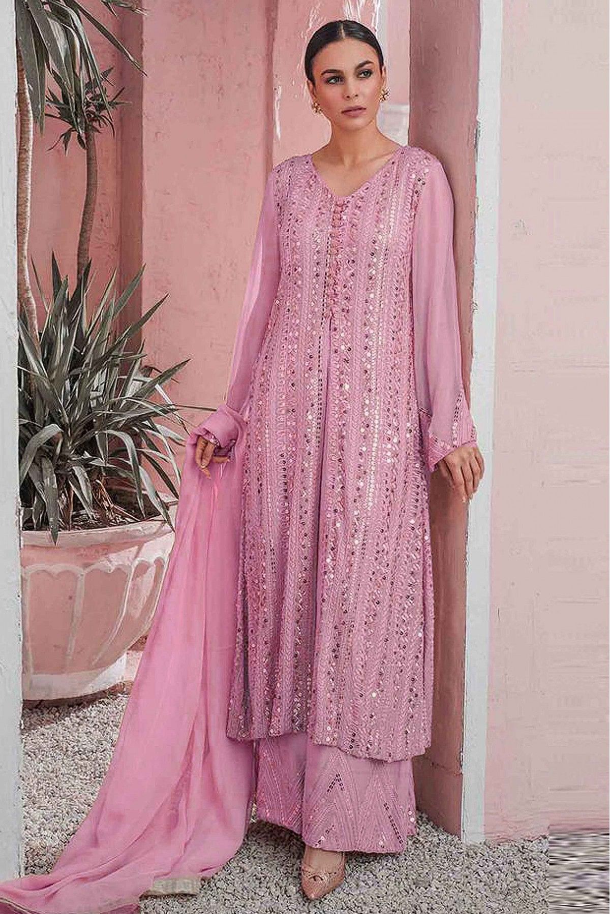 Faux Georgette Pink Embroidered Pant Style Suit