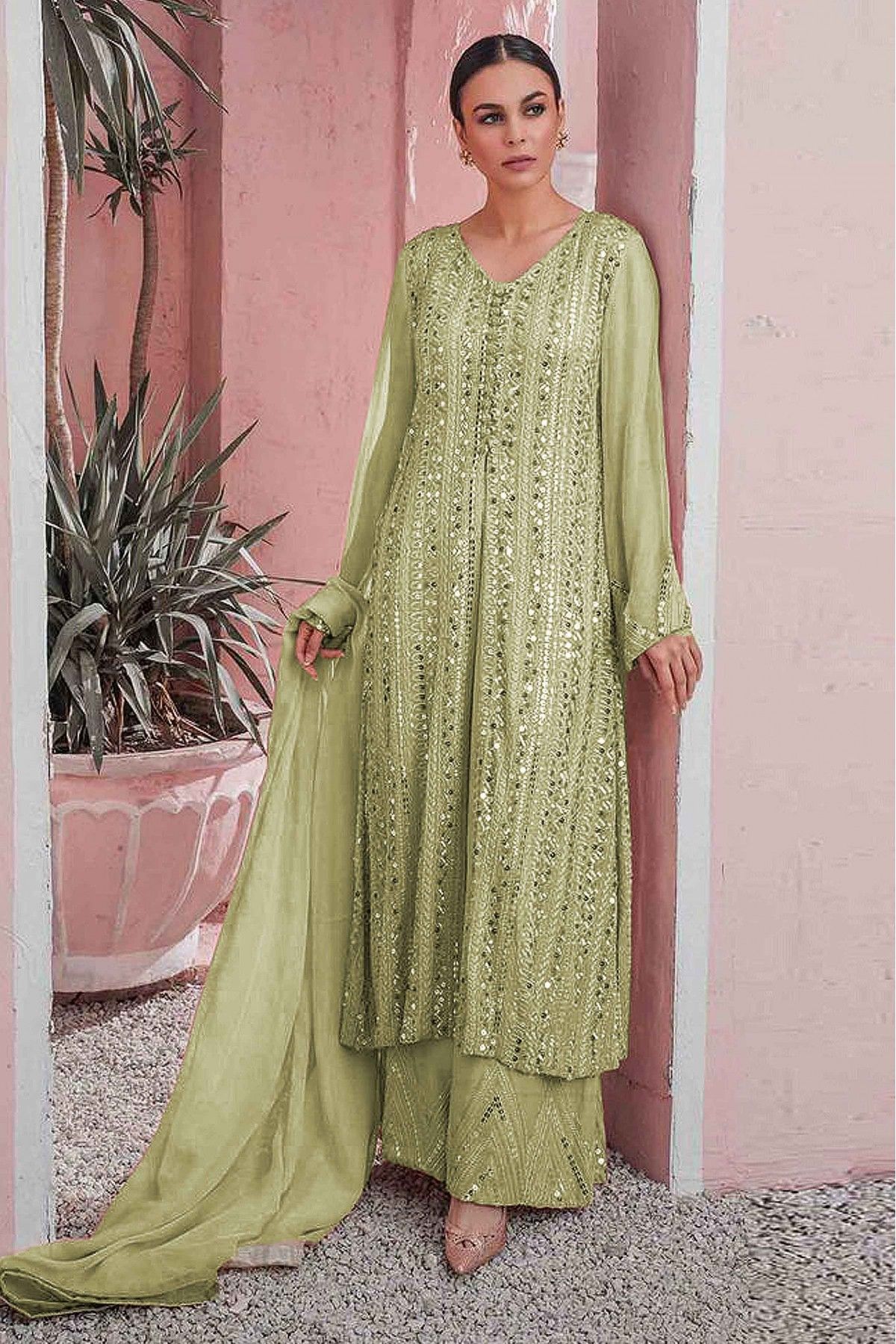 Georgette pakistani suit in Pista green colour 161330